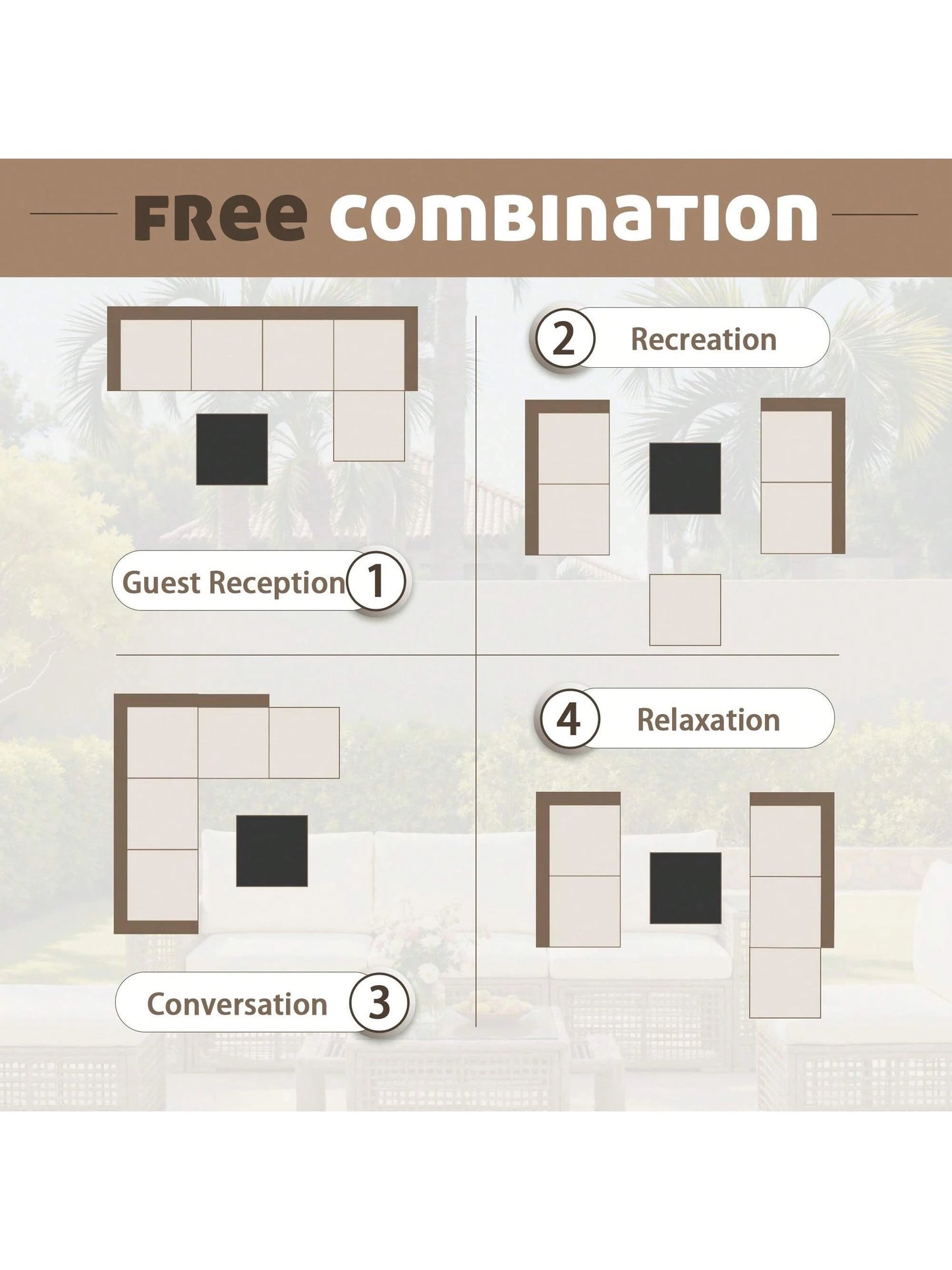 Patio Furniture Set 6-Piece Outdoor Sectional Sofa Hollow Rattan Patio Seating Sofa with Coffee Table & Ottoman for Deck, Porch, Poolside
