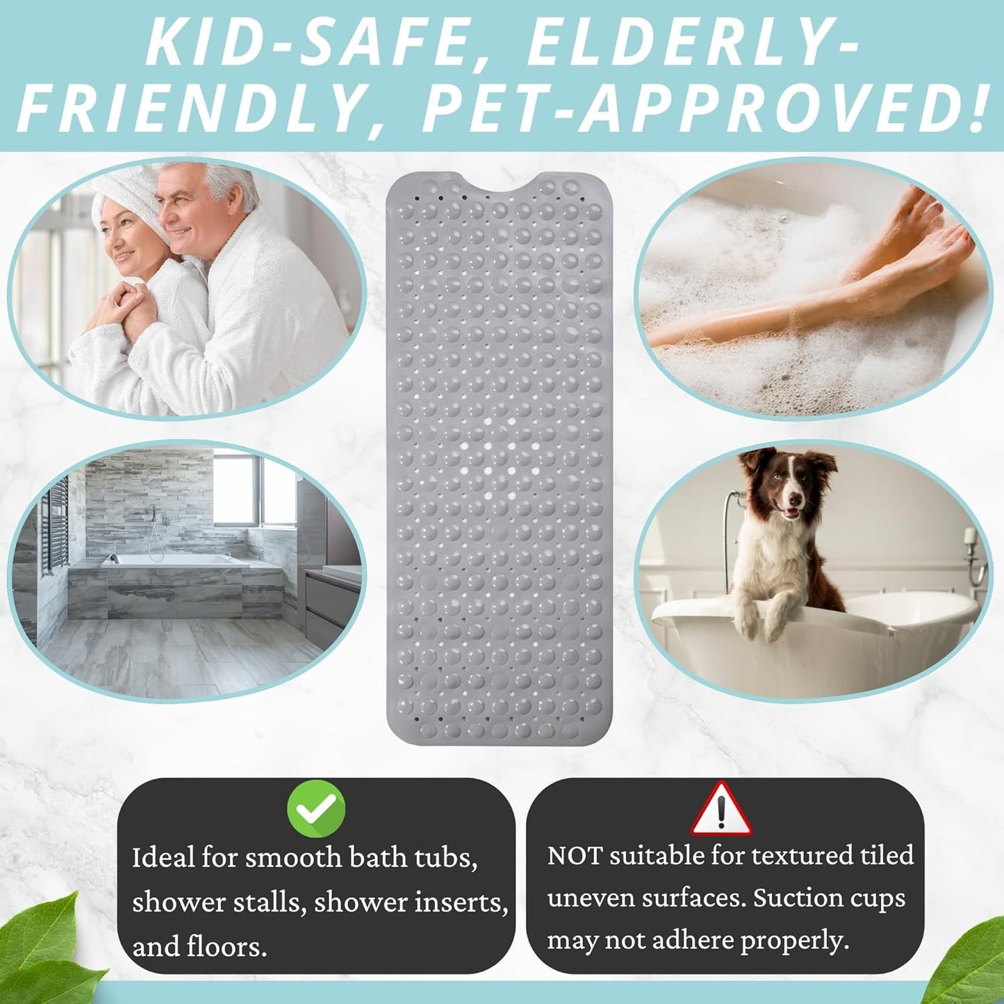 Bath Mat - Large Non Slip Bathtub & Shower Mat - Extra Long 40 X 16 Inch Bathroom Mats for Tub Nonslip anti Slip Bathmats (40X16 Grey)