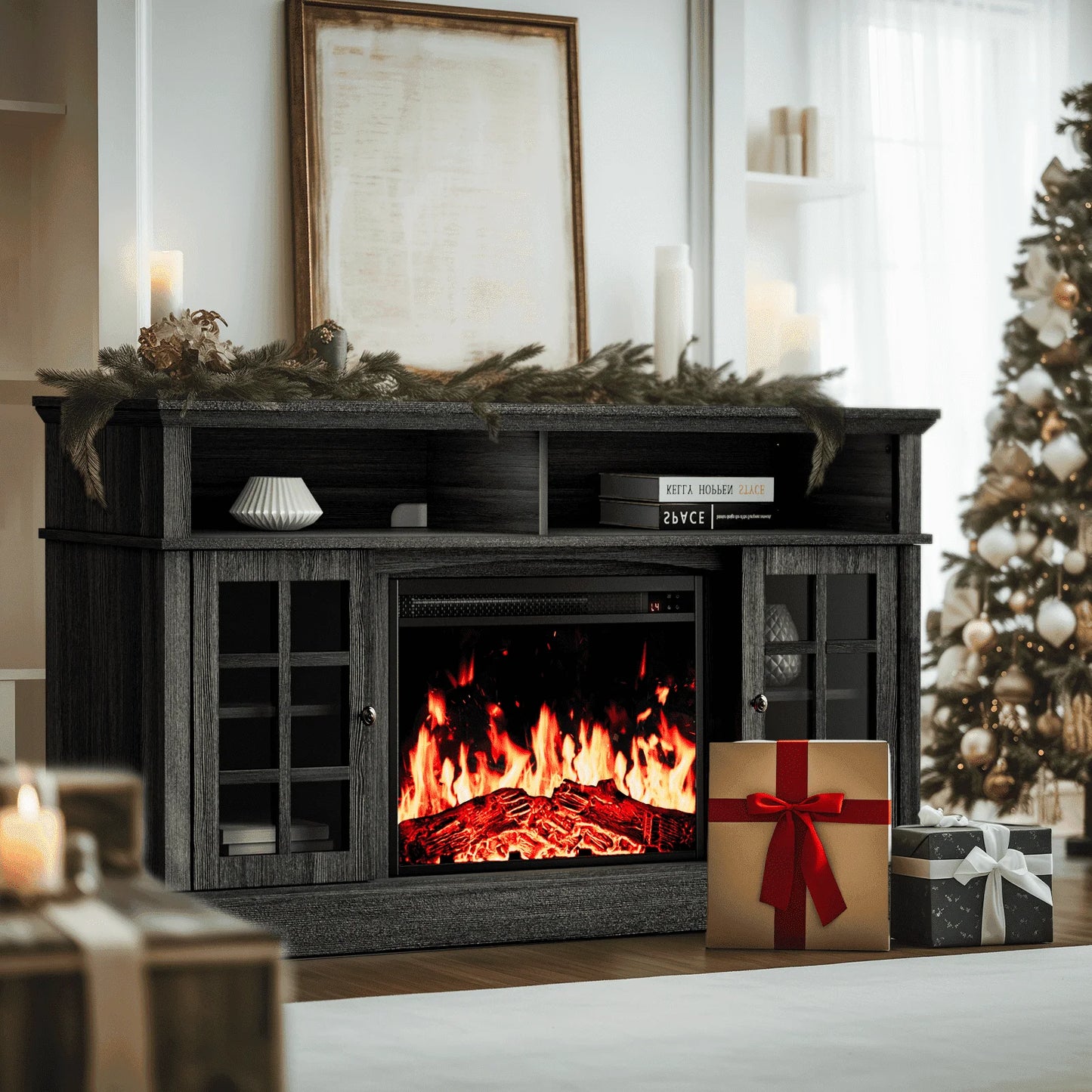 Electric Fireplace TV Stand for 75″ Tvs Fireplace Entertainment Center TV Console Table with 23″ Fireplace, Holds up to 200 Lbs