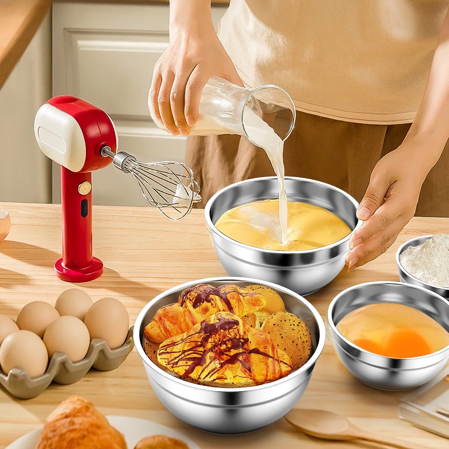 Mixing Bowls with Lids: Stainless Steel Mixing Bowls Set - 6 Piece Metal Nesting Mixing Bowls with Rubber Bottom-Multicolor