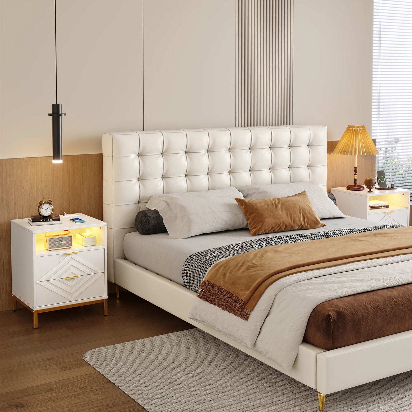 LED Nightstand with 2 Drawers, Charging Station, White Modern Night Table High Gloss End Side Table for Bedroom