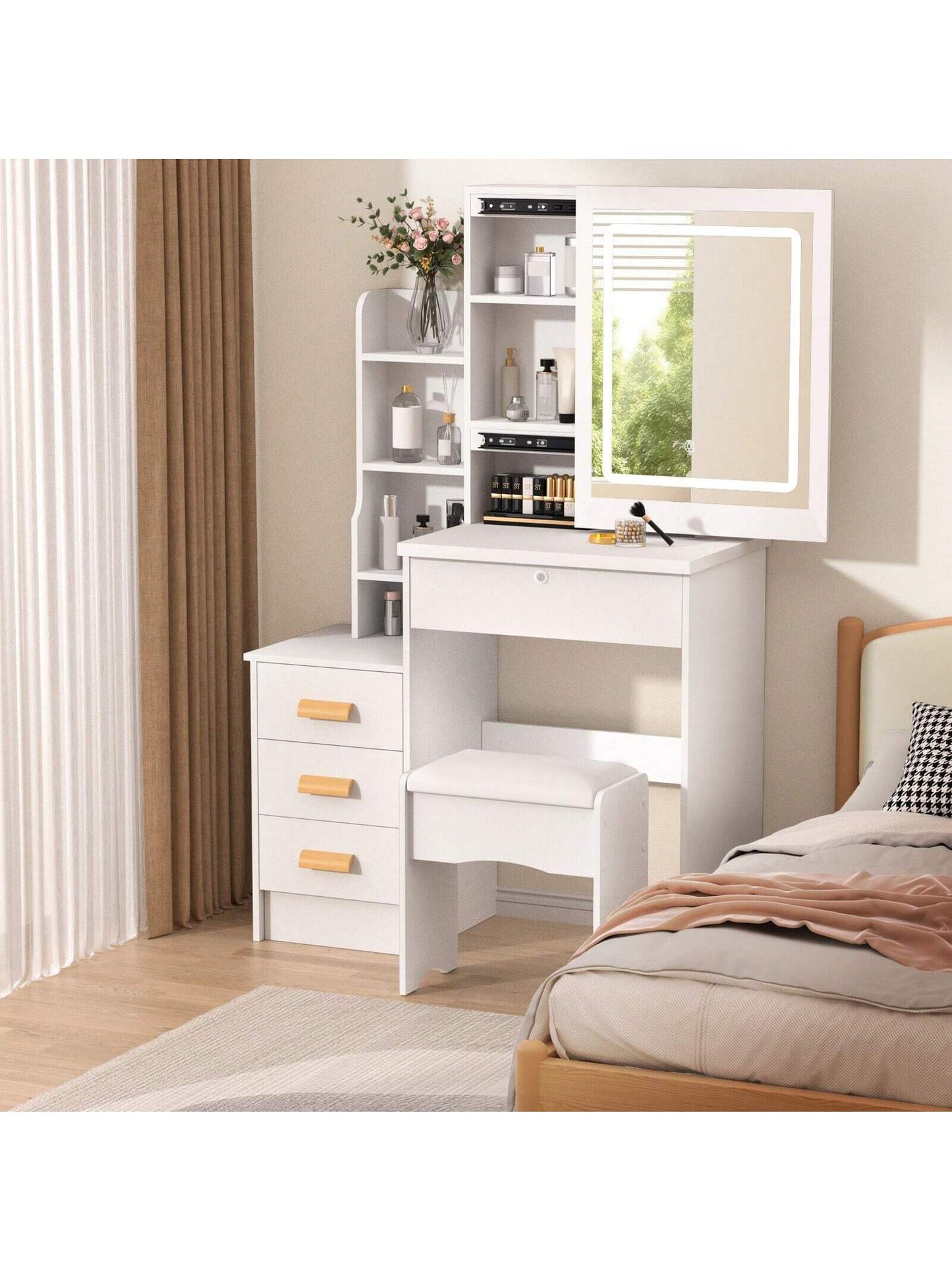 AYYUFE Vanity Desk with Mirror and LED Lights,Small Vanity with 4 Storage Drawers and Cushioned Stool,White Makeup Vanity Desk Set with Extra Large Sliding LED Mirror,3 Lighting Modes,Brightness Adjustable