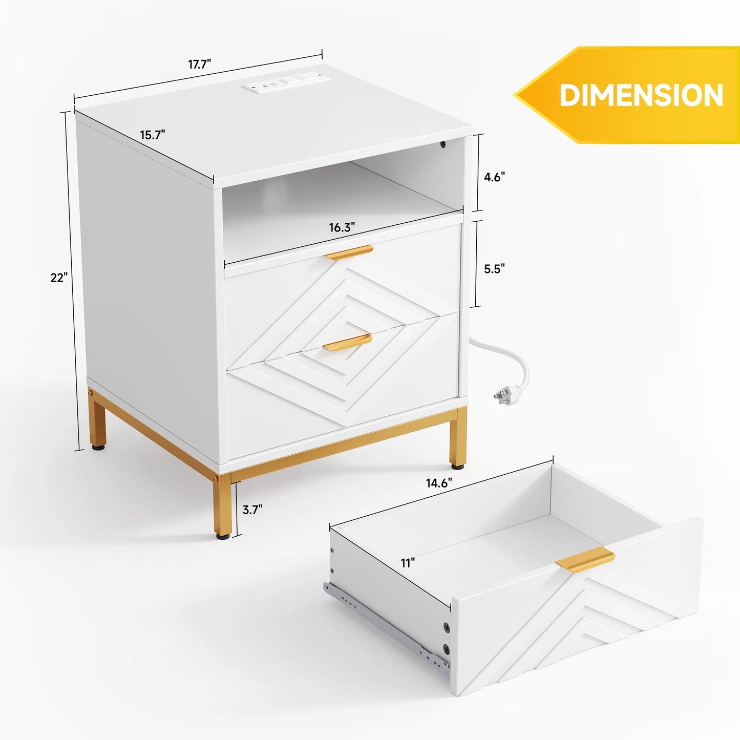 LED Nightstand with 2 Drawers, Charging Station, White Modern Night Table High Gloss End Side Table for Bedroom