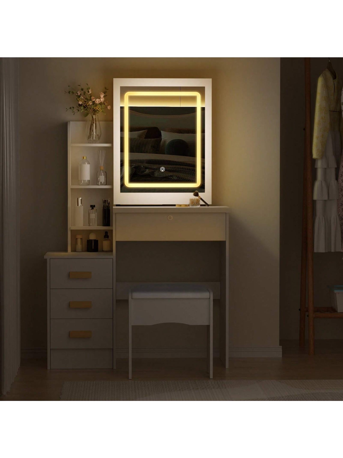AYYUFE Vanity Desk with Mirror and LED Lights,Small Vanity with 4 Storage Drawers and Cushioned Stool,White Makeup Vanity Desk Set with Extra Large Sliding LED Mirror,3 Lighting Modes,Brightness Adjustable