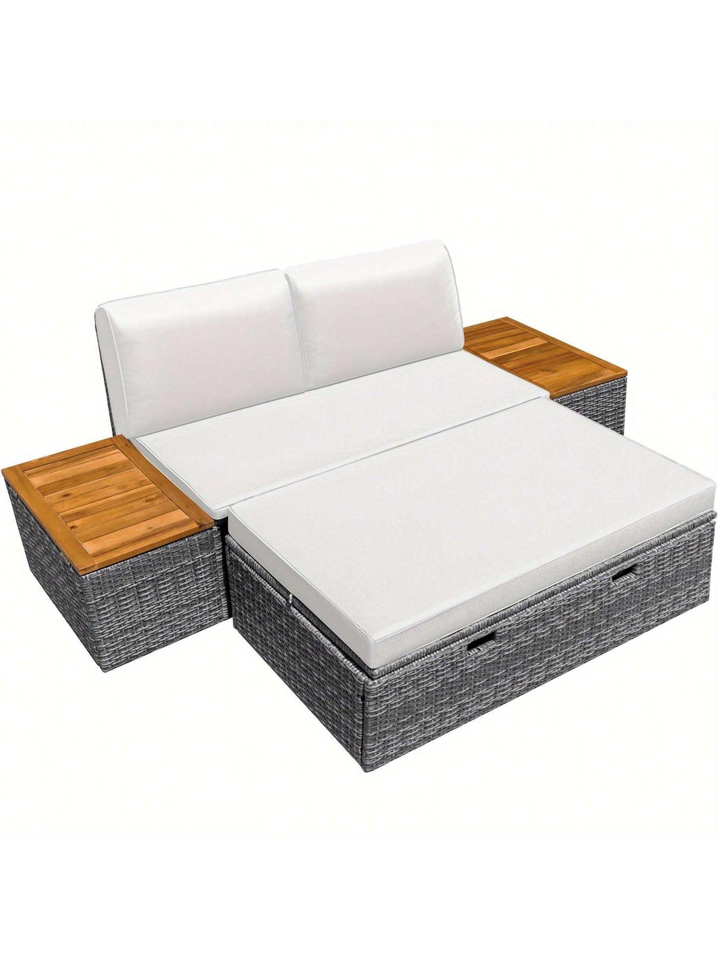 Outdoor Rattan Lounge Chair with 2 Side Tables, Multifunctional Outdoor Patio Daybed with Footrest, Cushions, Storage Ottoman,Chaise Lounge Chair for Backyard Porch Poolside