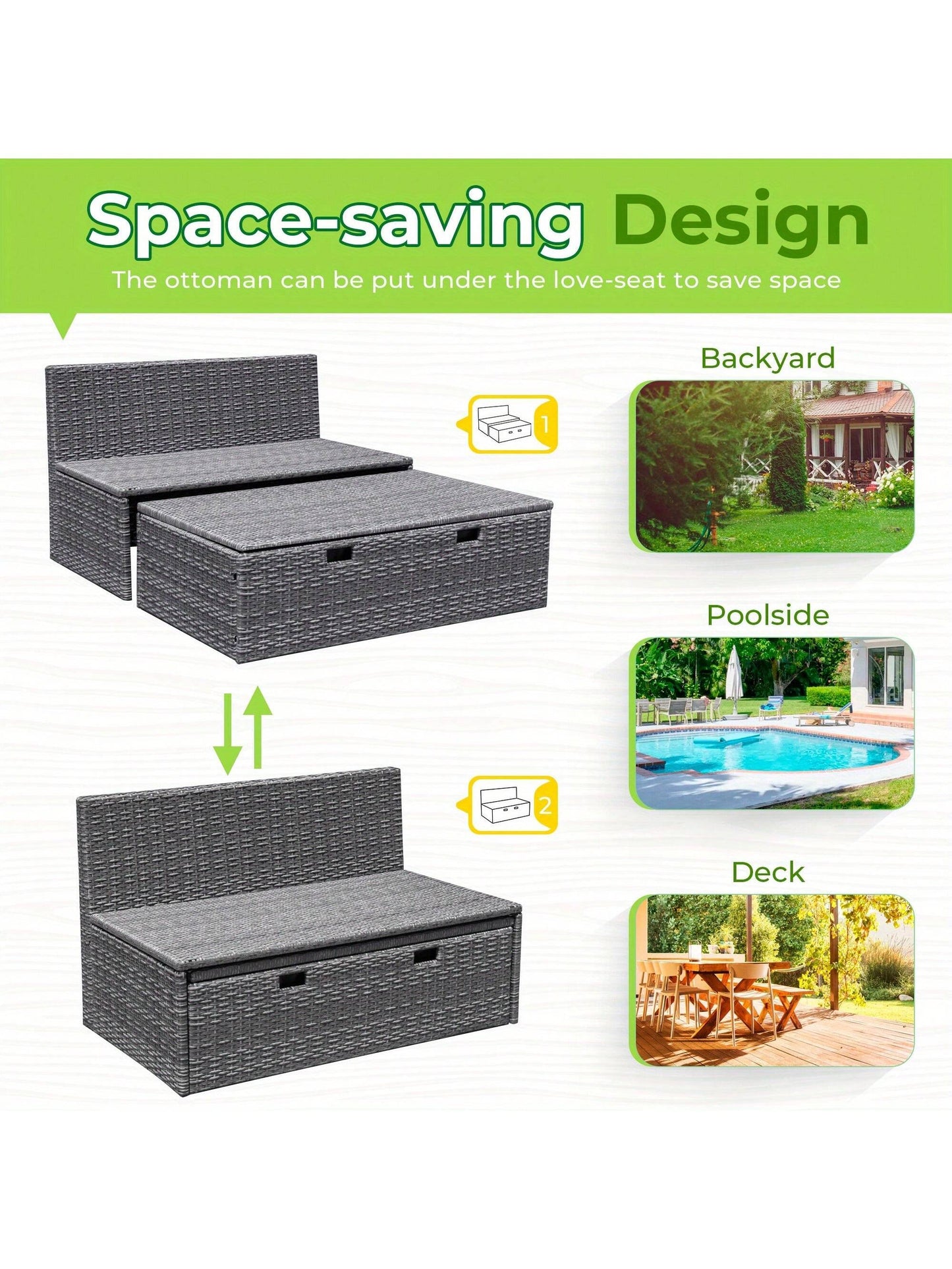 Outdoor Rattan Lounge Chair with 2 Side Tables, Multifunctional Outdoor Patio Daybed with Footrest, Cushions, Storage Ottoman,Chaise Lounge Chair for Backyard Porch Poolside