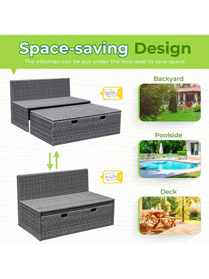 Outdoor Rattan Lounge Chair with 2 Side Tables, Multifunctional Outdoor Patio Daybed with Footrest, Cushions, Storage Ottoman,Chaise Lounge Chair for Backyard Porch Poolside