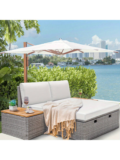 Outdoor Rattan Lounge Chair with 2 Side Tables, Multifunctional Outdoor Patio Daybed with Footrest, Cushions, Storage Ottoman,Chaise Lounge Chair for Backyard Porch Poolside