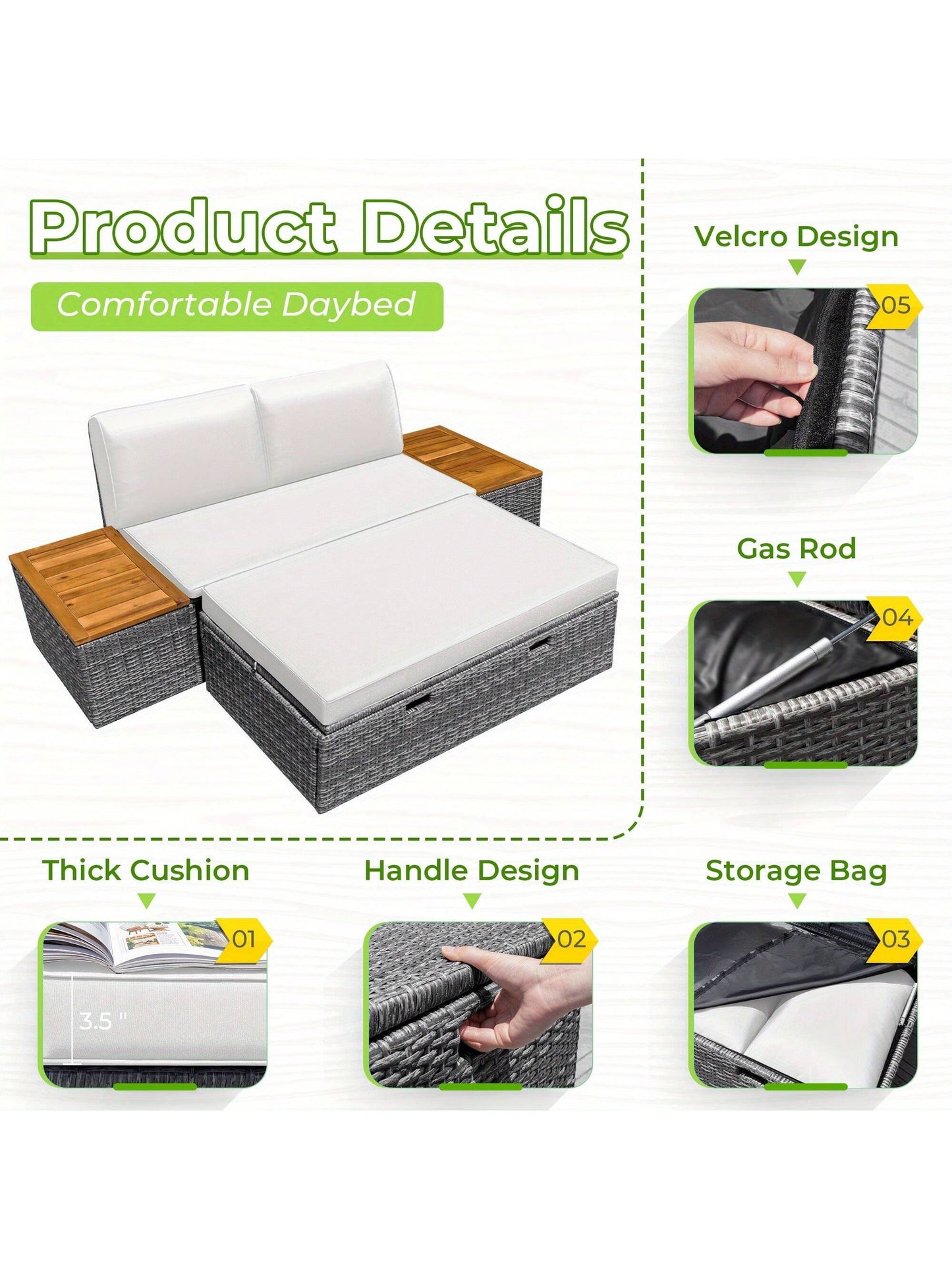 Outdoor Rattan Lounge Chair with 2 Side Tables, Multifunctional Outdoor Patio Daybed with Footrest, Cushions, Storage Ottoman,Chaise Lounge Chair for Backyard Porch Poolside