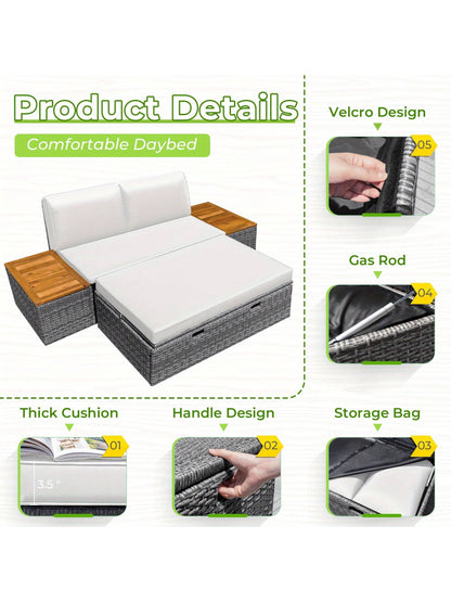 Outdoor Rattan Lounge Chair with 2 Side Tables, Multifunctional Outdoor Patio Daybed with Footrest, Cushions, Storage Ottoman,Chaise Lounge Chair for Backyard Porch Poolside