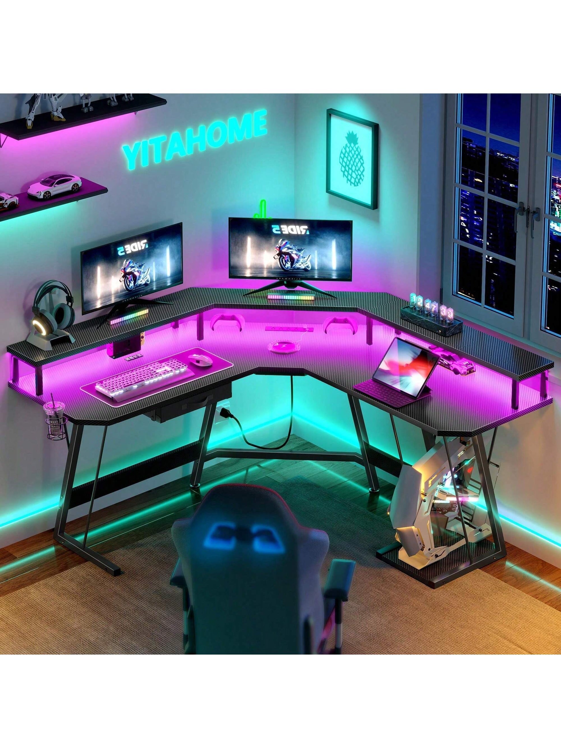L-Shaped Gaming Desk with Large Monitor Riser Stand 55 Inch Corner Computer Desk with LED & Power Outlets, Carbon Corner Desk Table for Home and Work Place