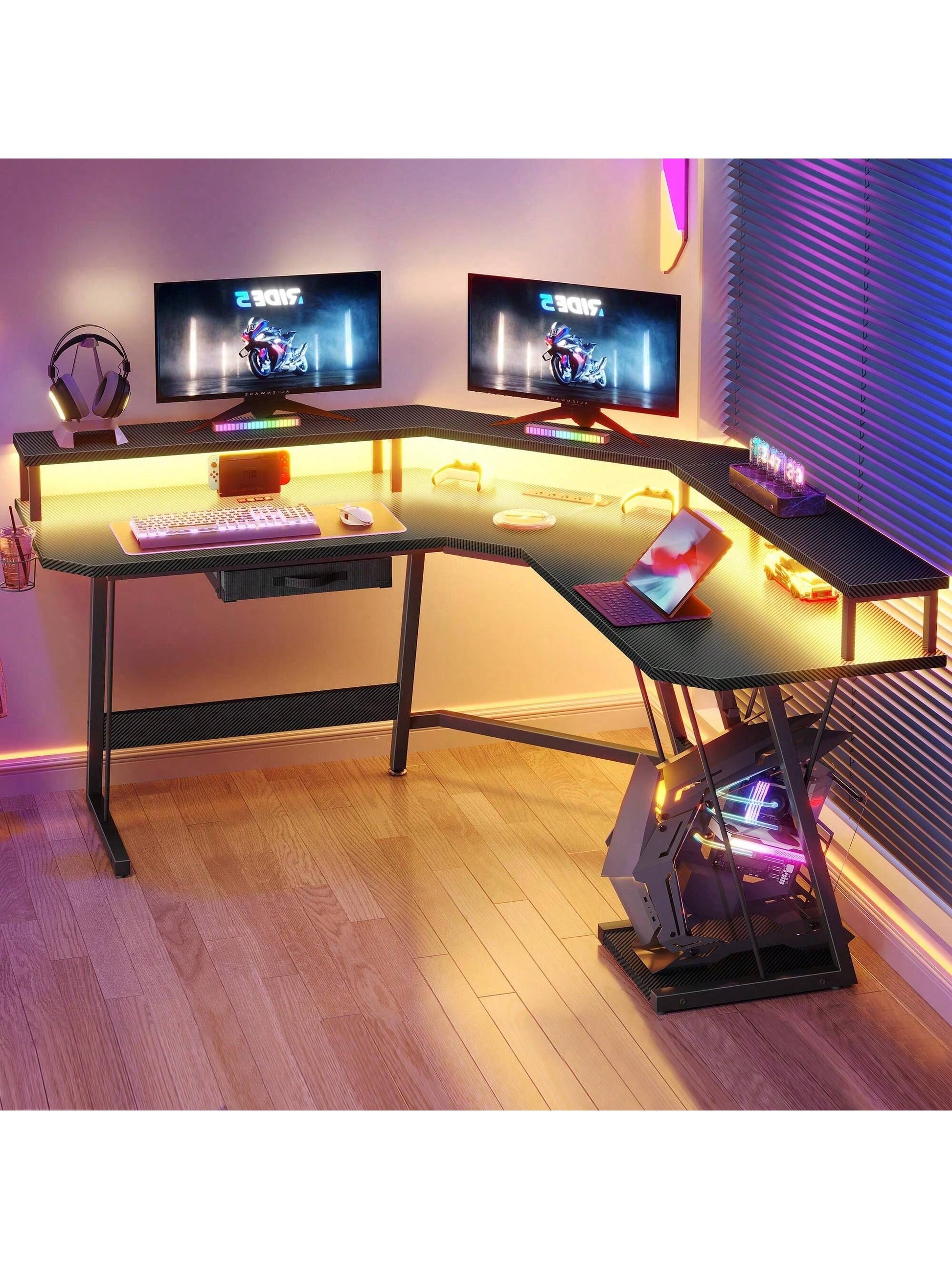 L-Shaped Gaming Desk with Large Monitor Riser Stand 55 Inch Corner Computer Desk with LED & Power Outlets, Carbon Corner Desk Table for Home and Work Place