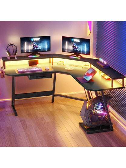 L-Shaped Gaming Desk with Large Monitor Riser Stand 55 Inch Corner Computer Desk with LED & Power Outlets, Carbon Corner Desk Table for Home and Work Place