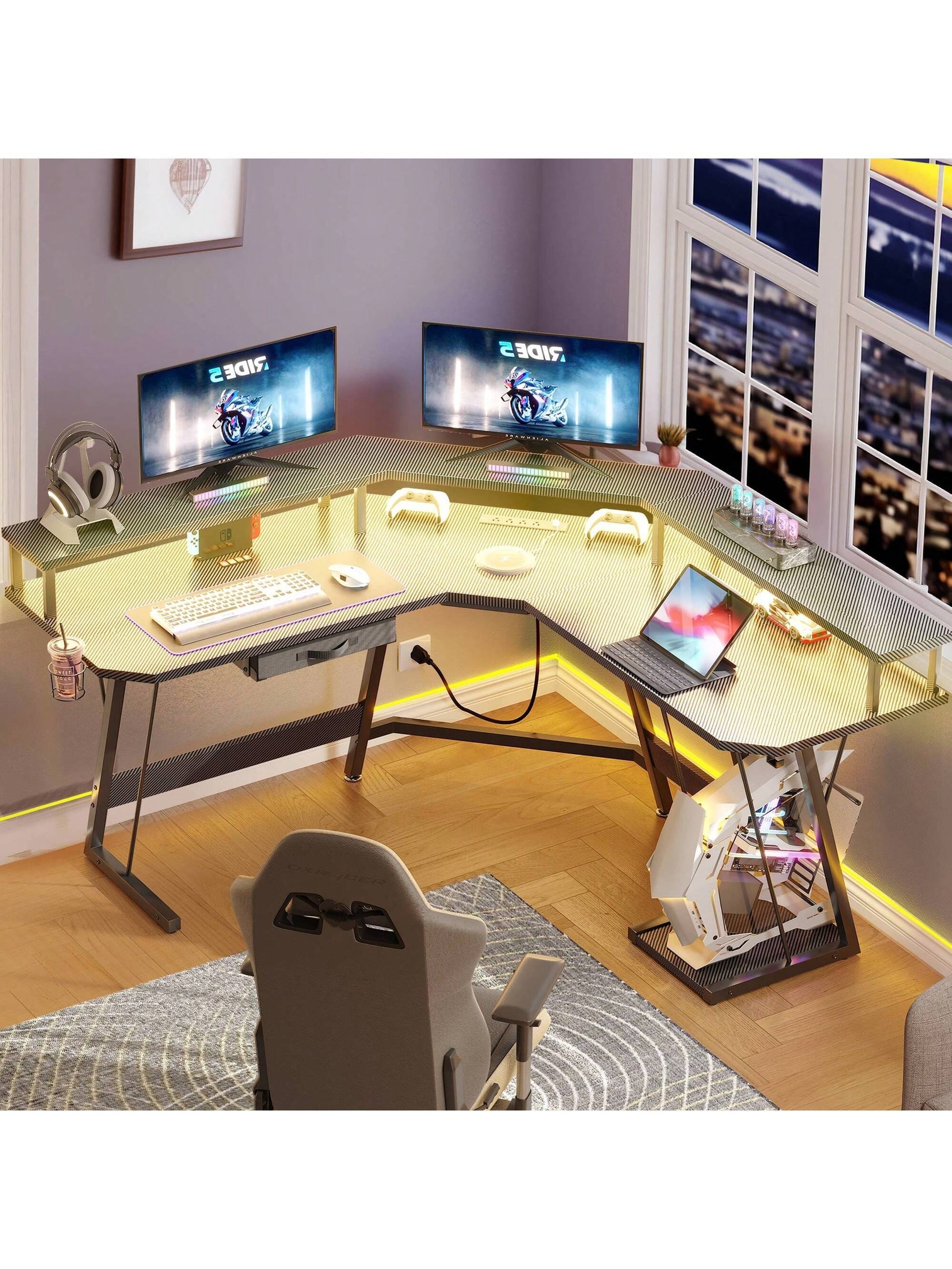 L-Shaped Gaming Desk with Large Monitor Riser Stand 55 Inch Corner Computer Desk with LED & Power Outlets, Carbon Corner Desk Table for Home and Work Place