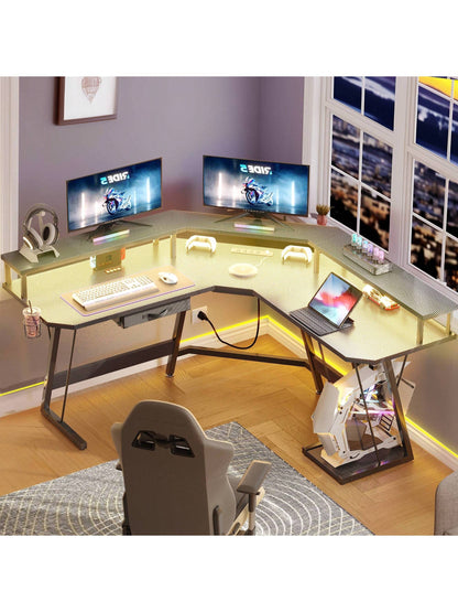 L-Shaped Gaming Desk with Large Monitor Riser Stand 55 Inch Corner Computer Desk with LED & Power Outlets, Carbon Corner Desk Table for Home and Work Place