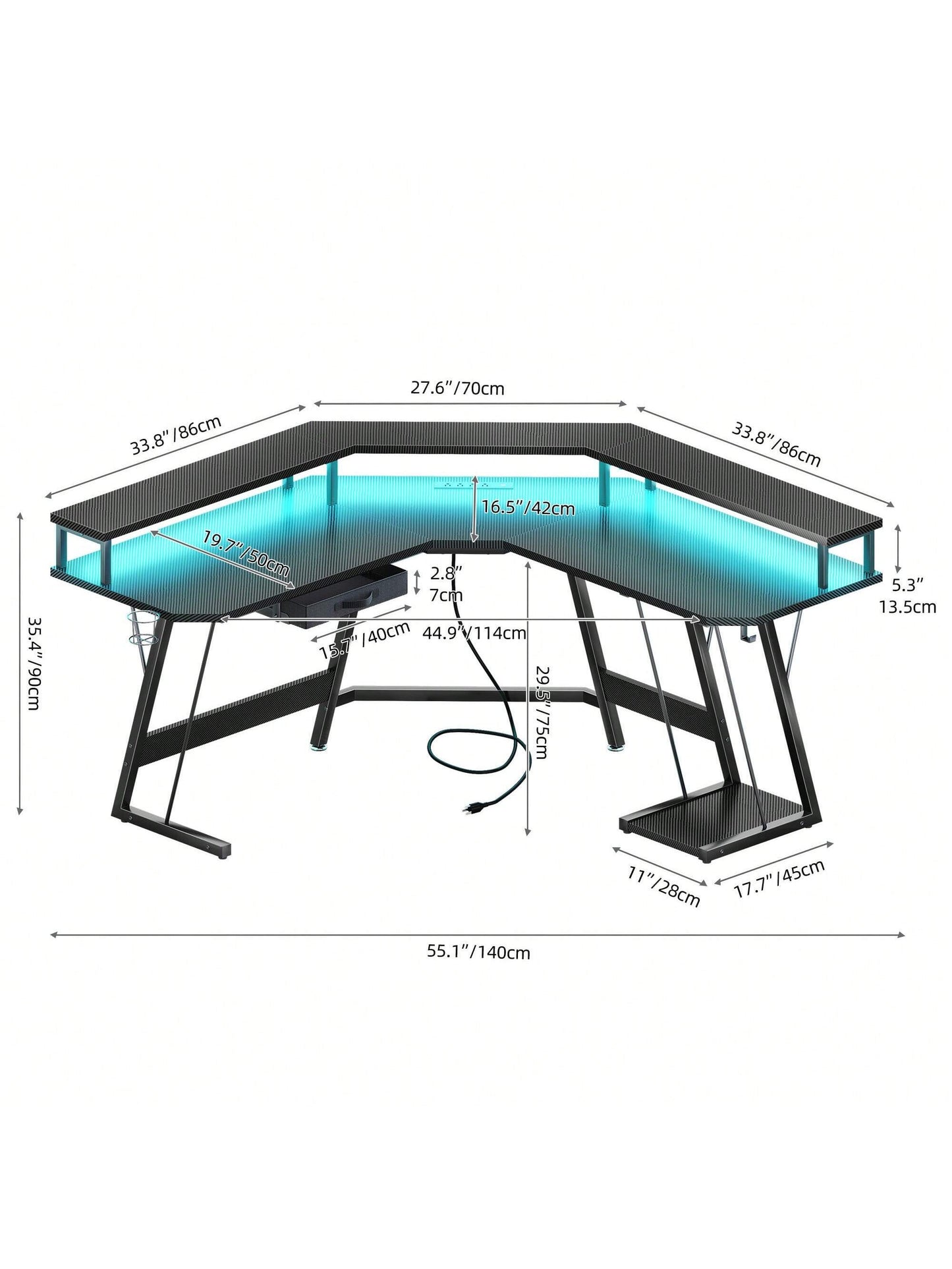 L-Shaped Gaming Desk with Large Monitor Riser Stand 55 Inch Corner Computer Desk with LED & Power Outlets, Carbon Corner Desk Table for Home and Work Place