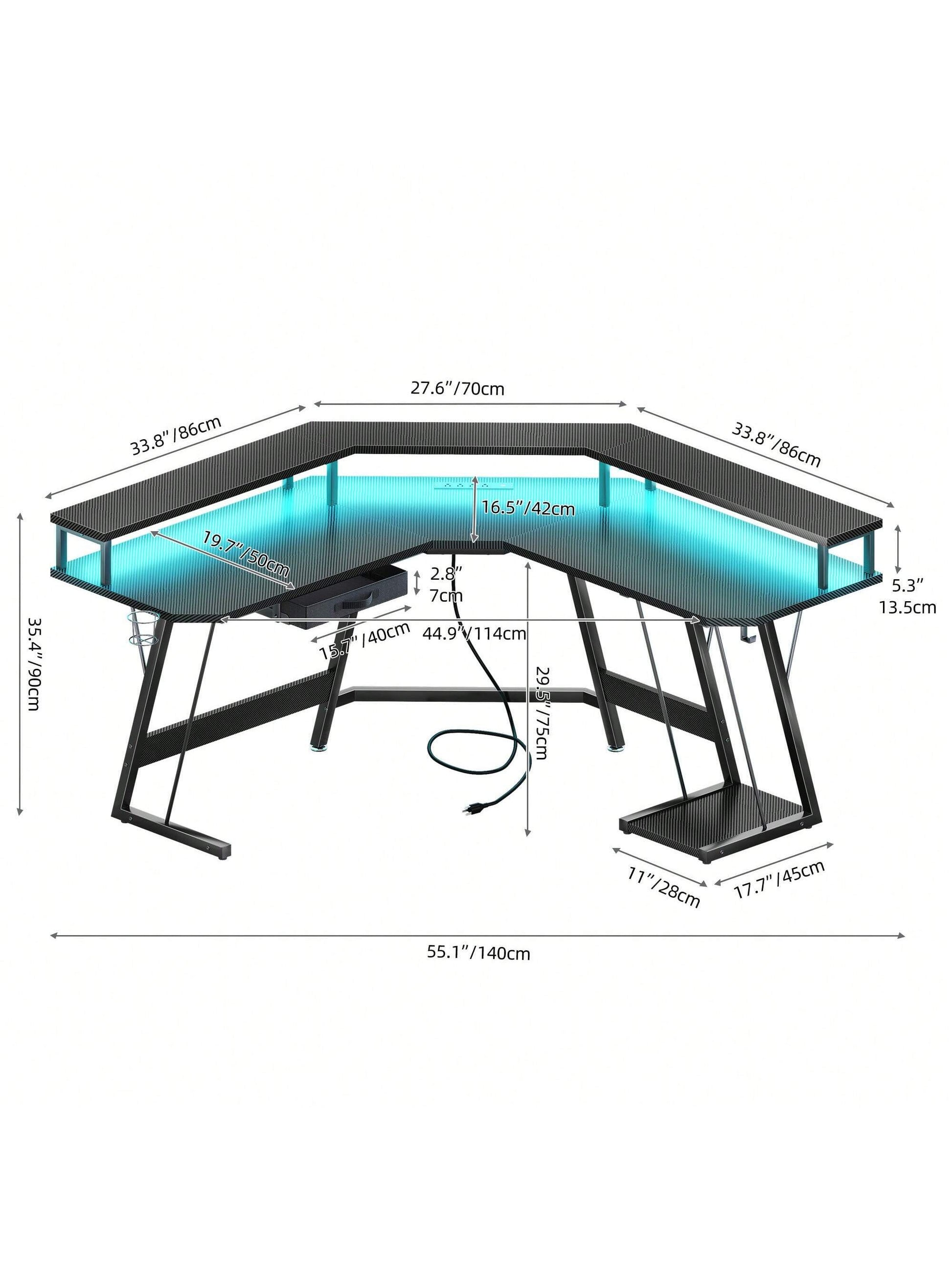 L-Shaped Gaming Desk with Large Monitor Riser Stand 55 Inch Corner Computer Desk with LED & Power Outlets, Carbon Corner Desk Table for Home and Work Place