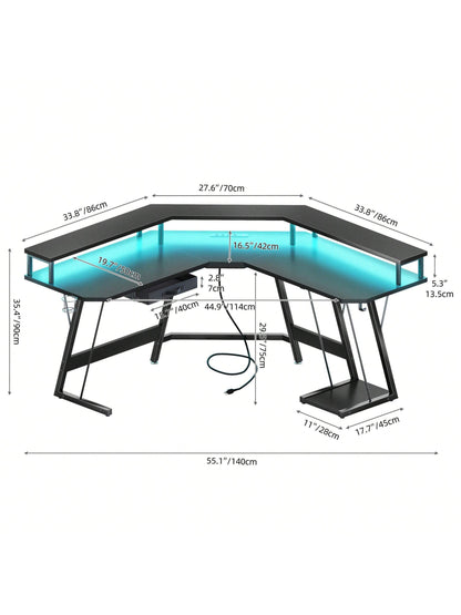 L-Shaped Gaming Desk with Large Monitor Riser Stand 55 Inch Corner Computer Desk with LED & Power Outlets, Carbon Corner Desk Table for Home and Work Place