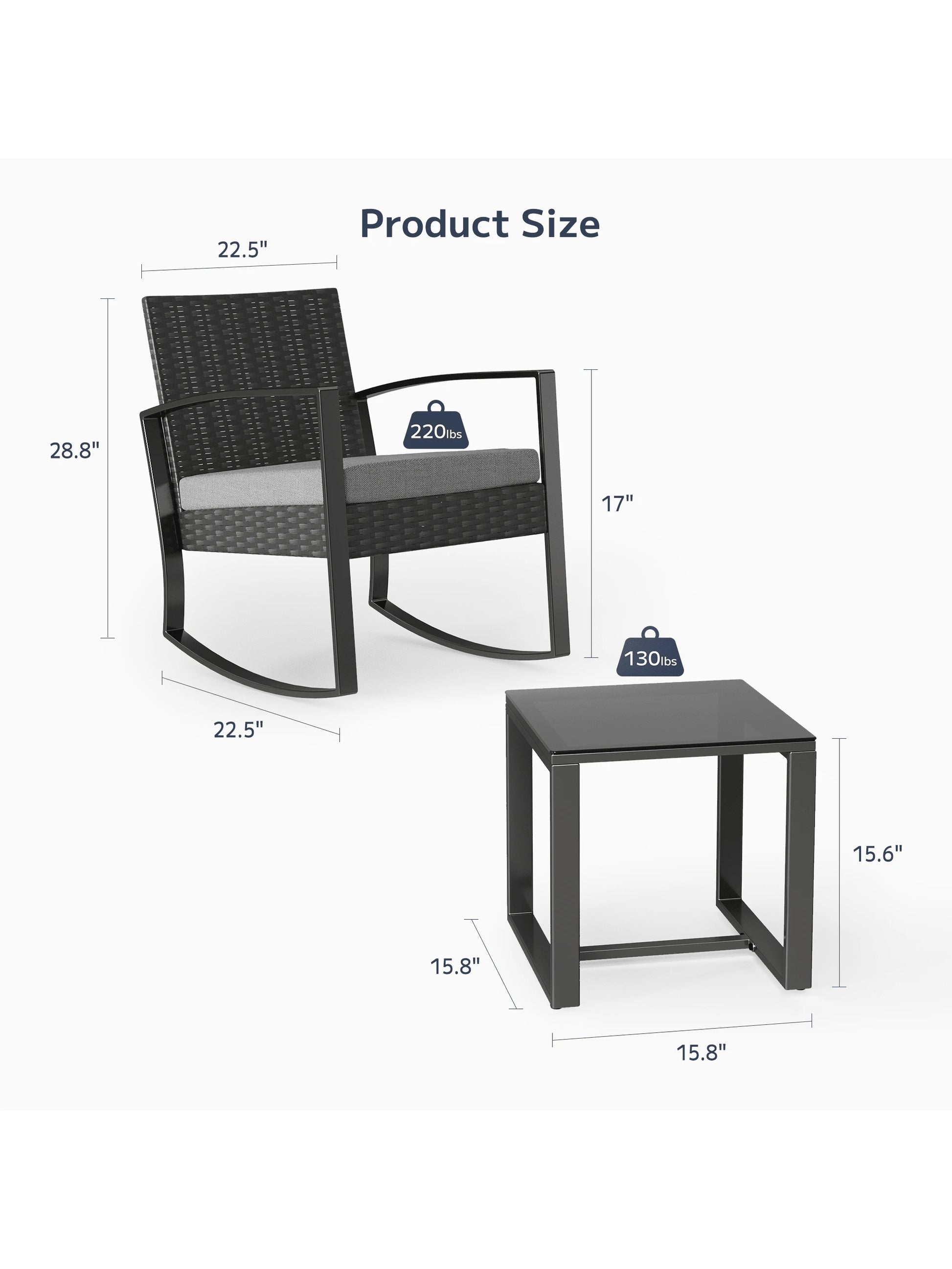 Asofer 3-Piece Wicker Muebles Set with Sofa-Style Rocking Chairs & Table, Outdoor Furniture for Camping and Garden Decor - Patio Furniture Set of 2 with Cushions for Balcony, Front Porch and Poolside