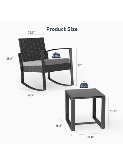 Asofer 3-Piece Wicker Muebles Set with Sofa-Style Rocking Chairs & Table, Outdoor Furniture for Camping and Garden Decor - Patio Furniture Set of 2 with Cushions for Balcony, Front Porch and Poolside