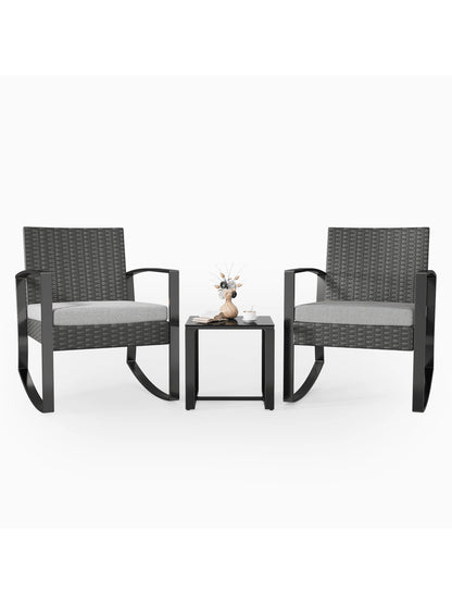 Asofer 3-Piece Wicker Muebles Set with Sofa-Style Rocking Chairs & Table, Outdoor Furniture for Camping and Garden Decor - Patio Furniture Set of 2 with Cushions for Balcony, Front Porch and Poolside