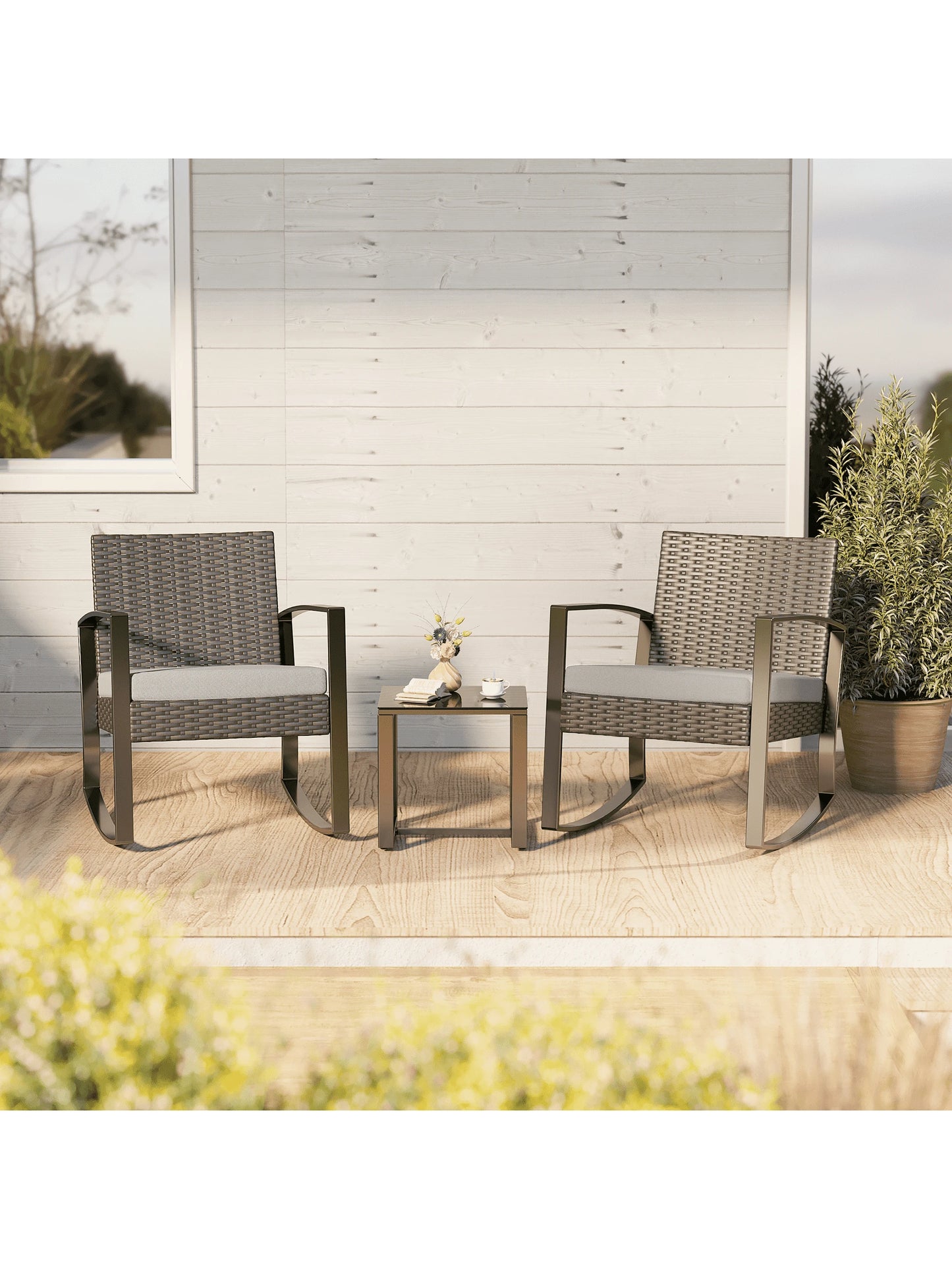 Asofer 3-Piece Wicker Muebles Set with Sofa-Style Rocking Chairs & Table, Outdoor Furniture for Camping and Garden Decor - Patio Furniture Set of 2 with Cushions for Balcony, Front Porch and Poolside