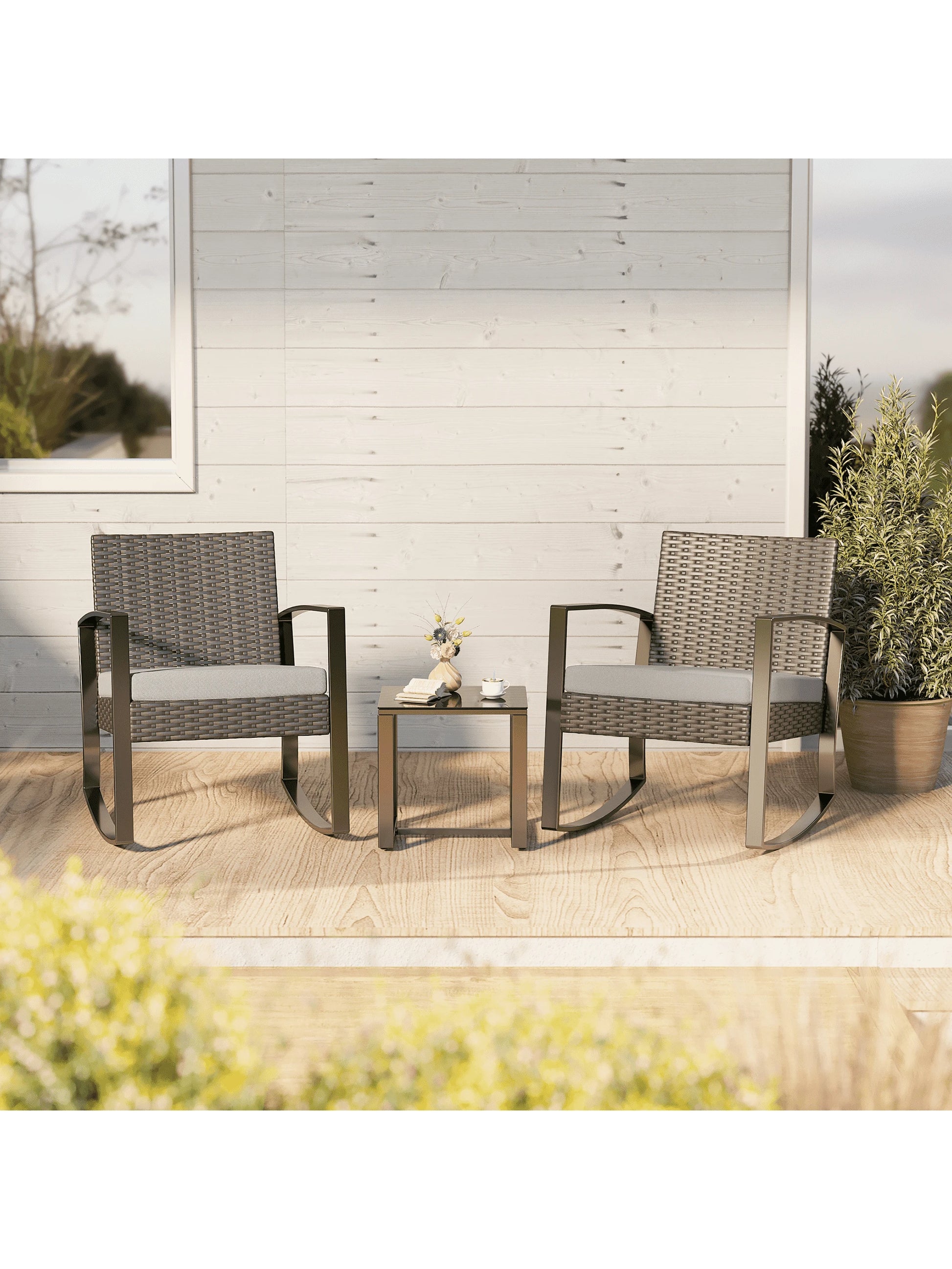 Asofer 3-Piece Wicker Muebles Set with Sofa-Style Rocking Chairs & Table, Outdoor Furniture for Camping and Garden Decor - Patio Furniture Set of 2 with Cushions for Balcony, Front Porch and Poolside