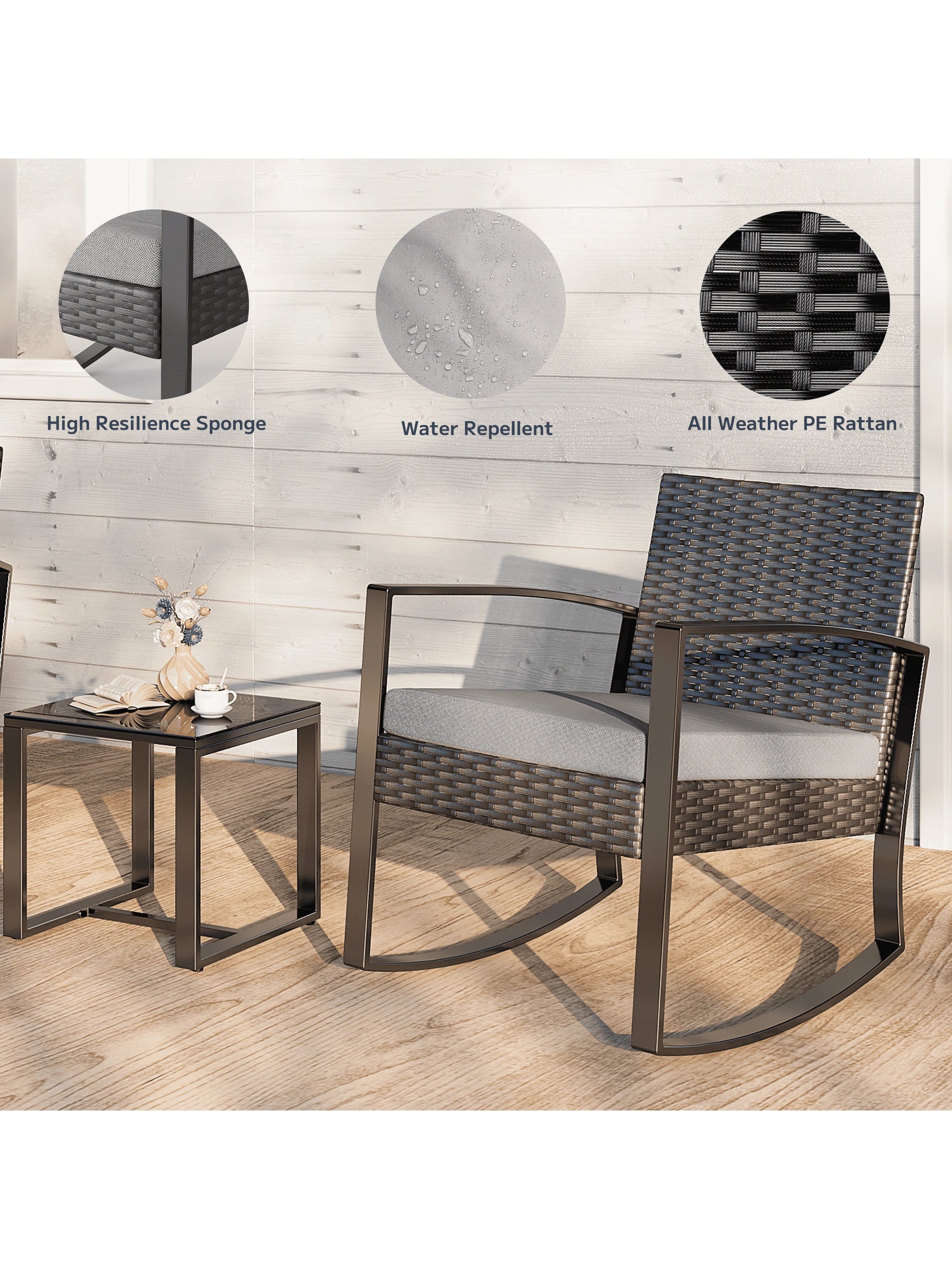 Asofer 3-Piece Wicker Muebles Set with Sofa-Style Rocking Chairs & Table, Outdoor Furniture for Camping and Garden Decor - Patio Furniture Set of 2 with Cushions for Balcony, Front Porch and Poolside