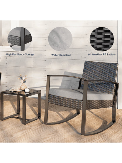 Asofer 3-Piece Wicker Muebles Set with Sofa-Style Rocking Chairs & Table, Outdoor Furniture for Camping and Garden Decor - Patio Furniture Set of 2 with Cushions for Balcony, Front Porch and Poolside