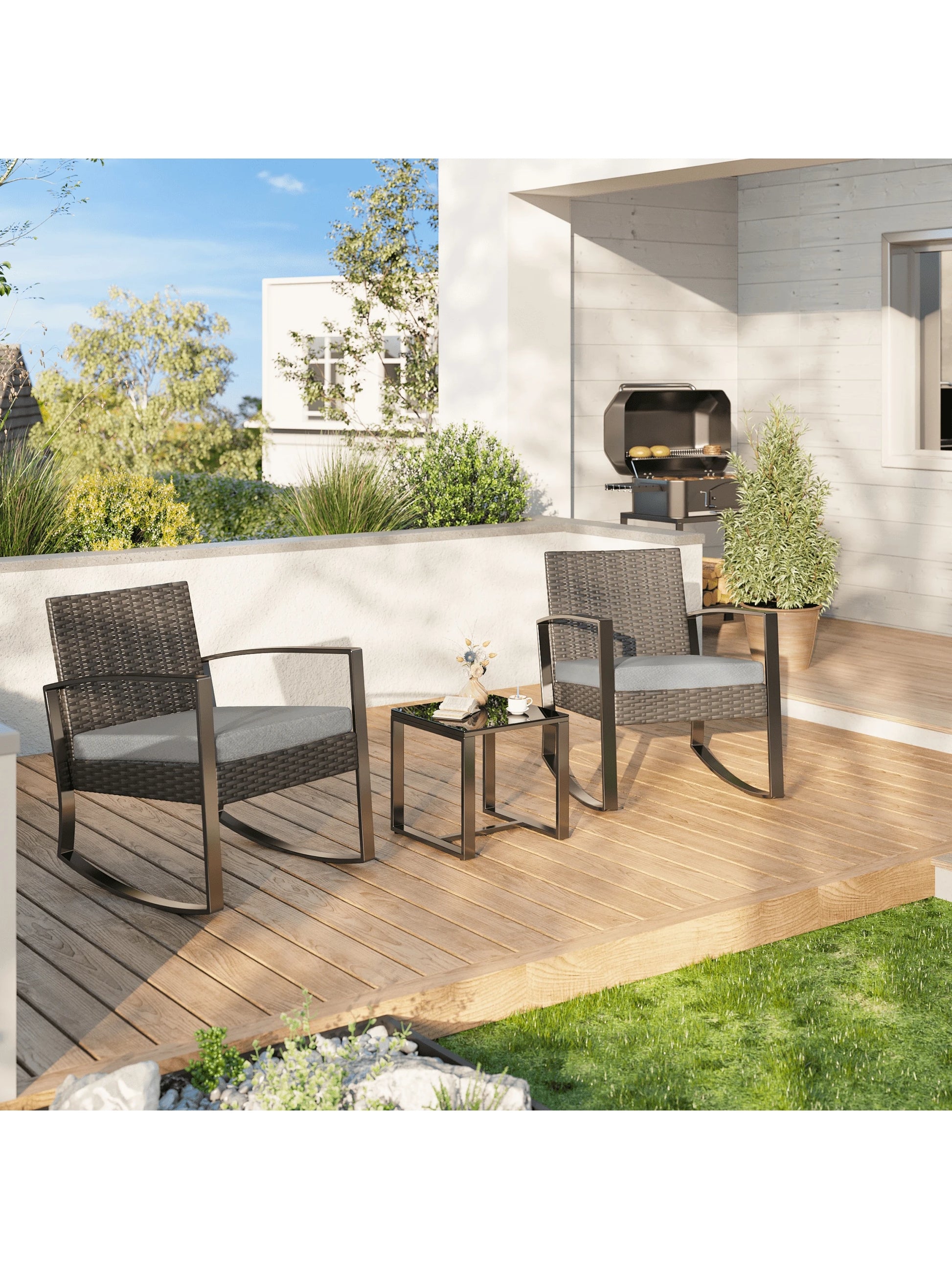 Asofer 3-Piece Wicker Muebles Set with Sofa-Style Rocking Chairs & Table, Outdoor Furniture for Camping and Garden Decor - Patio Furniture Set of 2 with Cushions for Balcony, Front Porch and Poolside