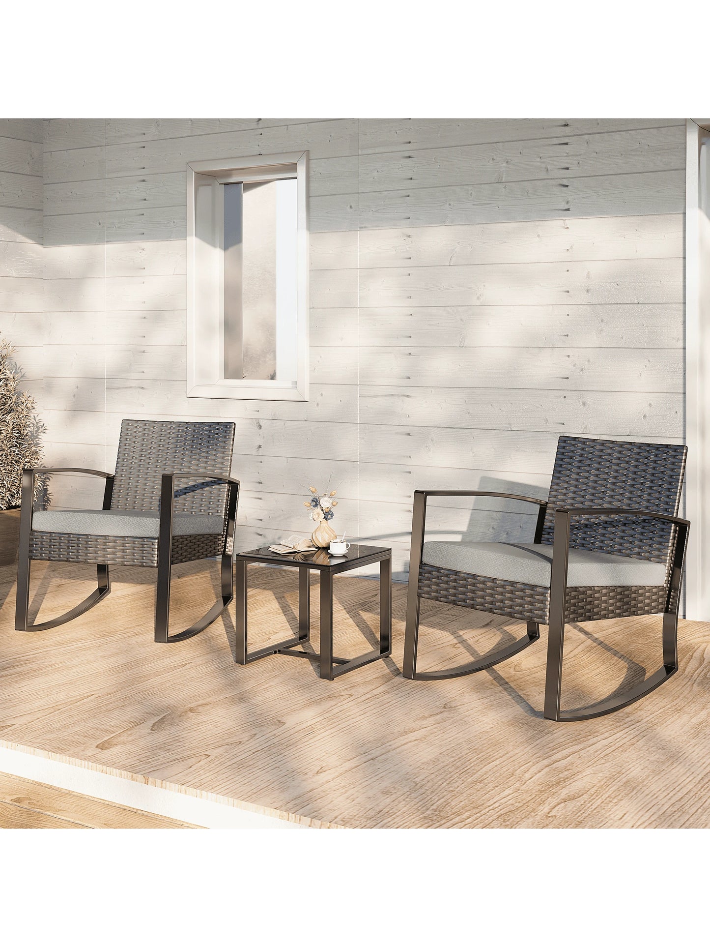 Asofer 3-Piece Wicker Muebles Set with Sofa-Style Rocking Chairs & Table, Outdoor Furniture for Camping and Garden Decor - Patio Furniture Set of 2 with Cushions for Balcony, Front Porch and Poolside