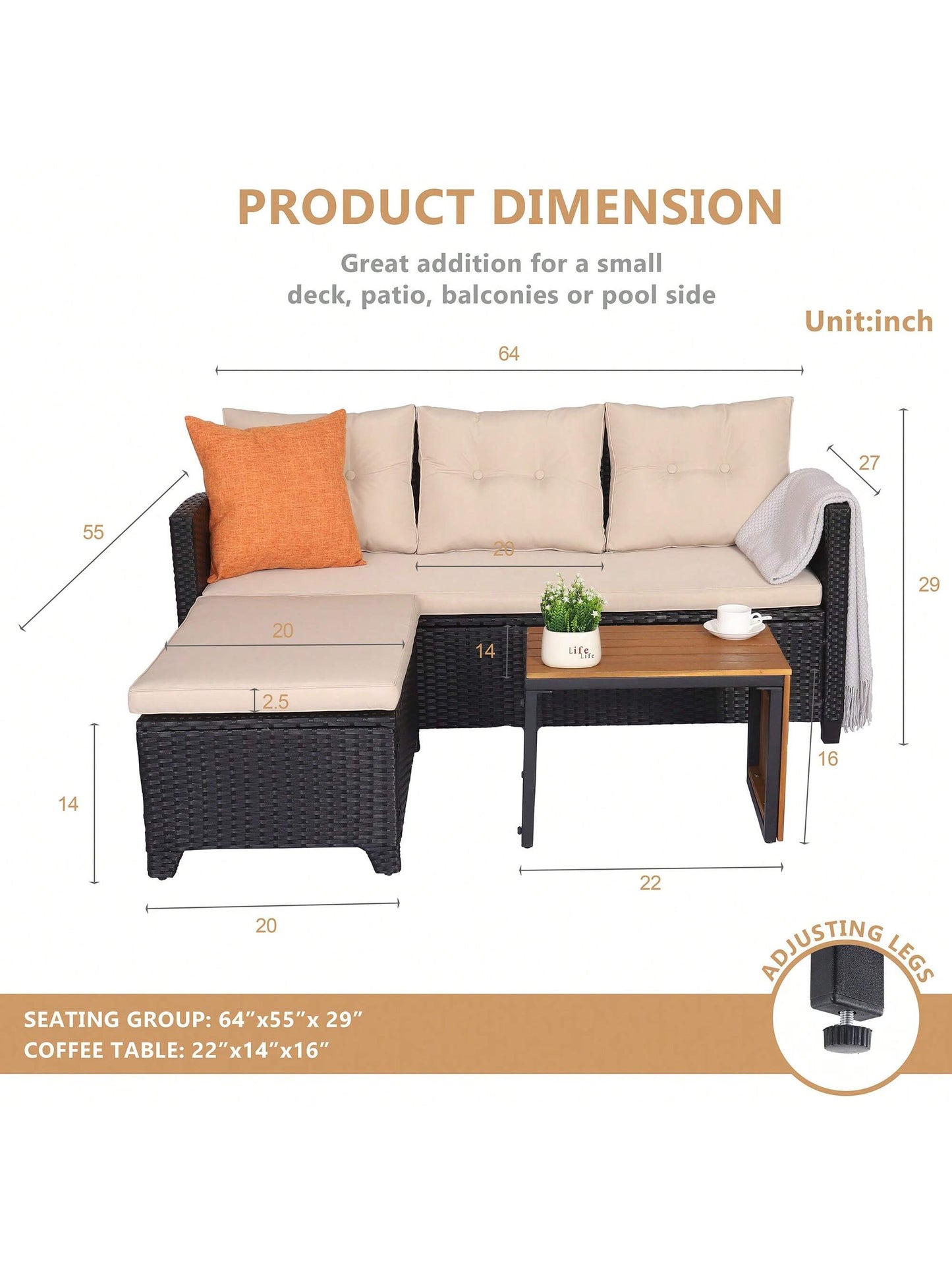 Patio Furniture Sectional Sofa Set – 3 Piece All Weather Black Resin Wicker Outdoor Conversation Set Beige Washable Cushions & Coffee Table | Garden | Backyard | Pool