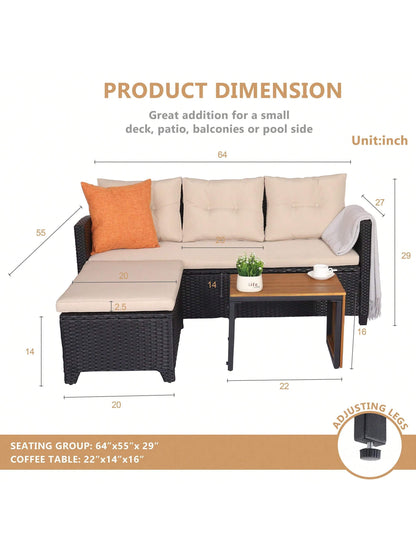 Patio Furniture Sectional Sofa Set – 3 Piece All Weather Black Resin Wicker Outdoor Conversation Set Beige Washable Cushions & Coffee Table | Garden | Backyard | Pool