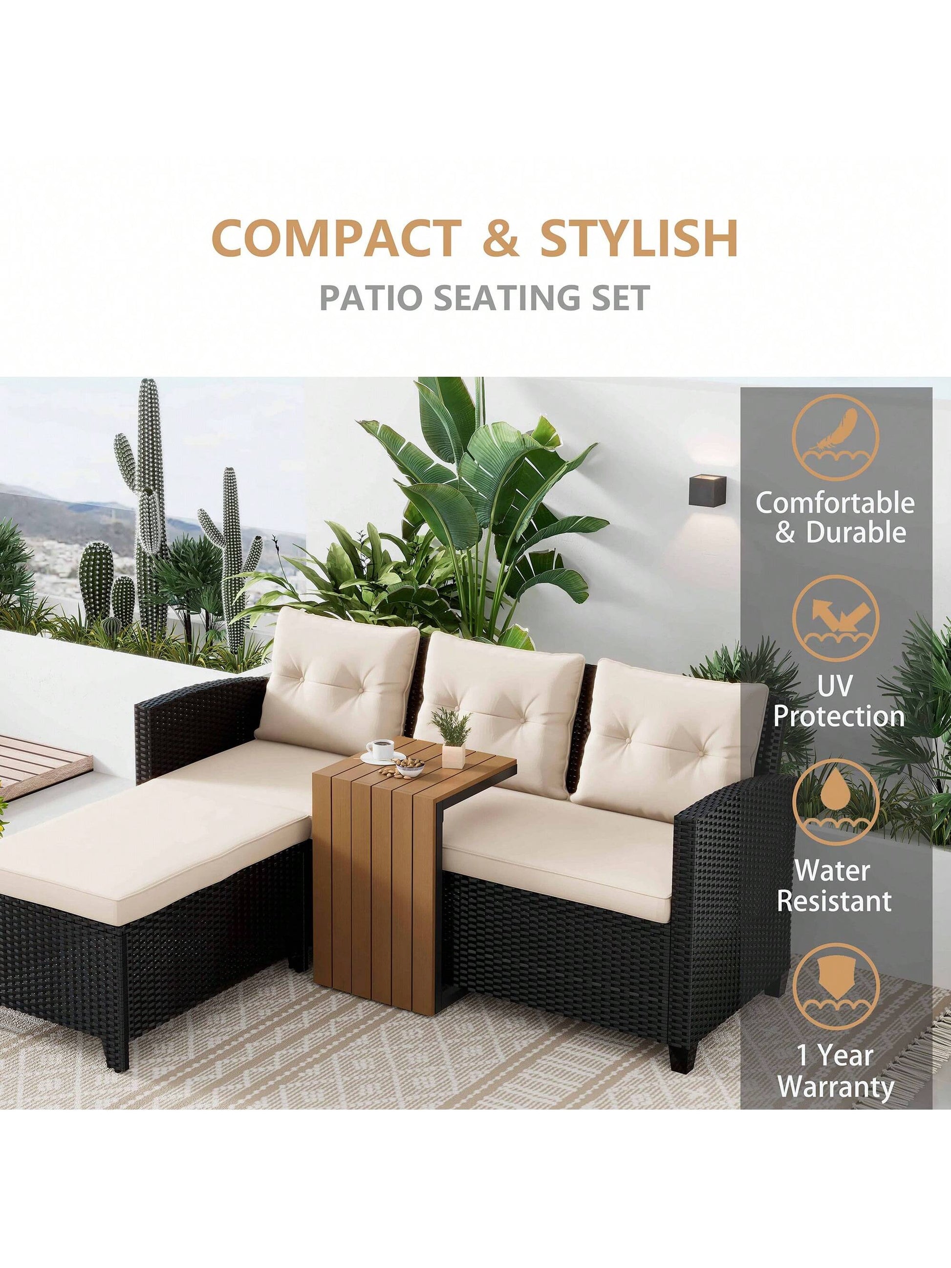 Patio Furniture Sectional Sofa Set – 3 Piece All Weather Black Resin Wicker Outdoor Conversation Set Beige Washable Cushions & Coffee Table | Garden | Backyard | Pool
