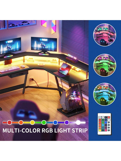 L-Shaped Gaming Desk with Large Monitor Riser Stand 55 Inch Corner Computer Desk with LED & Power Outlets, Carbon Corner Desk Table for Home and Work Place