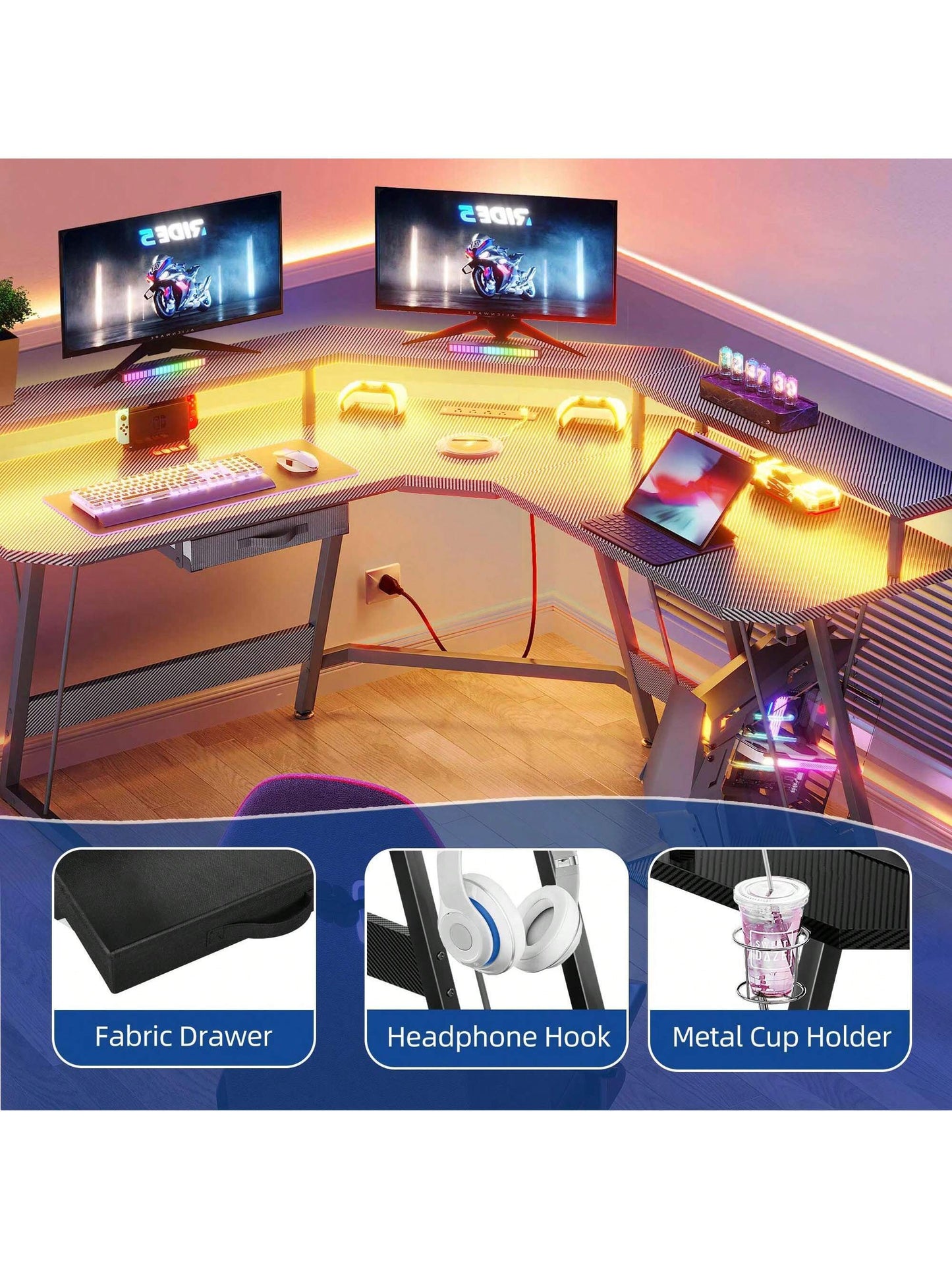 L-Shaped Gaming Desk with Large Monitor Riser Stand 55 Inch Corner Computer Desk with LED & Power Outlets, Carbon Corner Desk Table for Home and Work Place