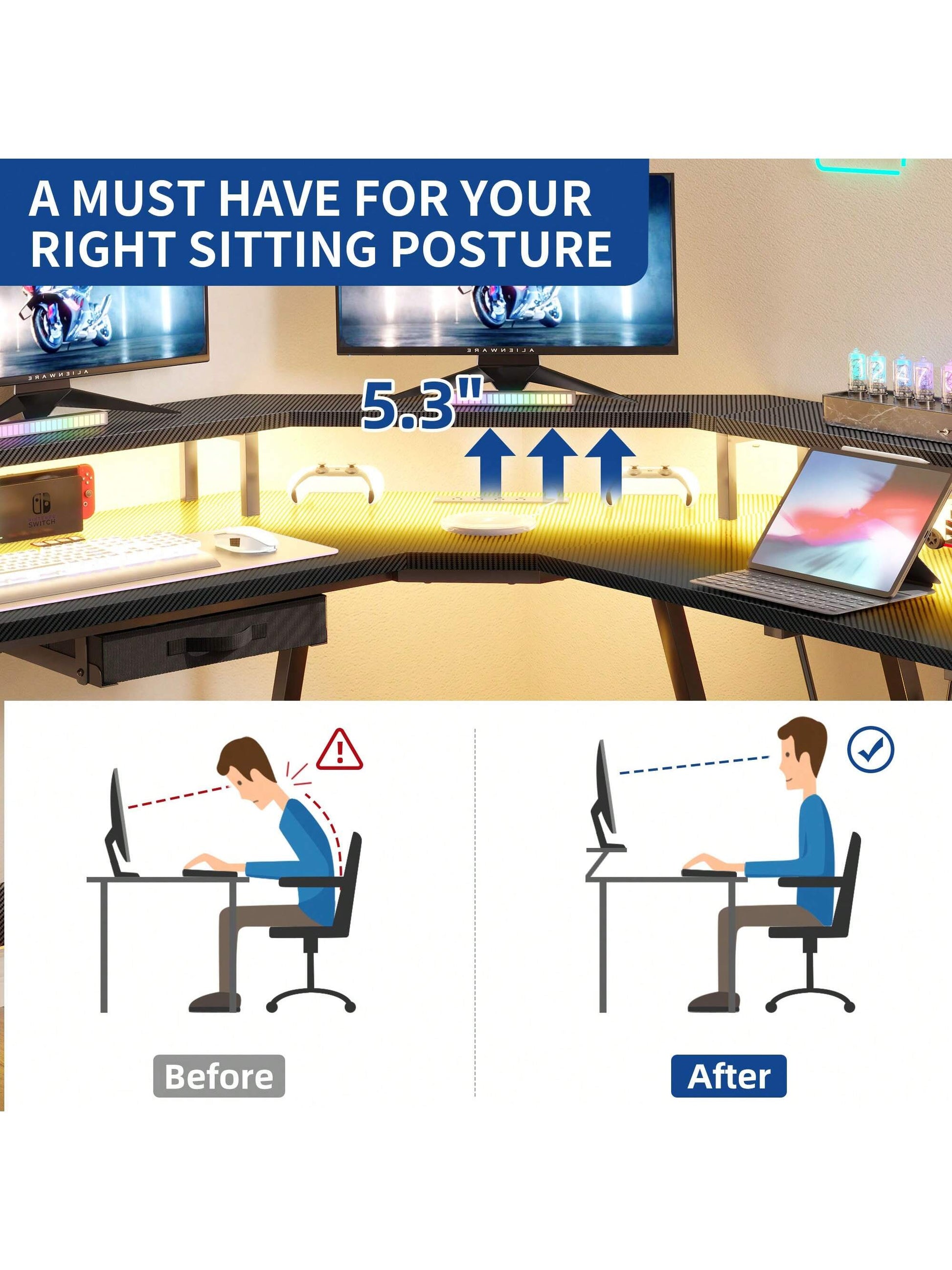 L-Shaped Gaming Desk with Large Monitor Riser Stand 55 Inch Corner Computer Desk with LED & Power Outlets, Carbon Corner Desk Table for Home and Work Place