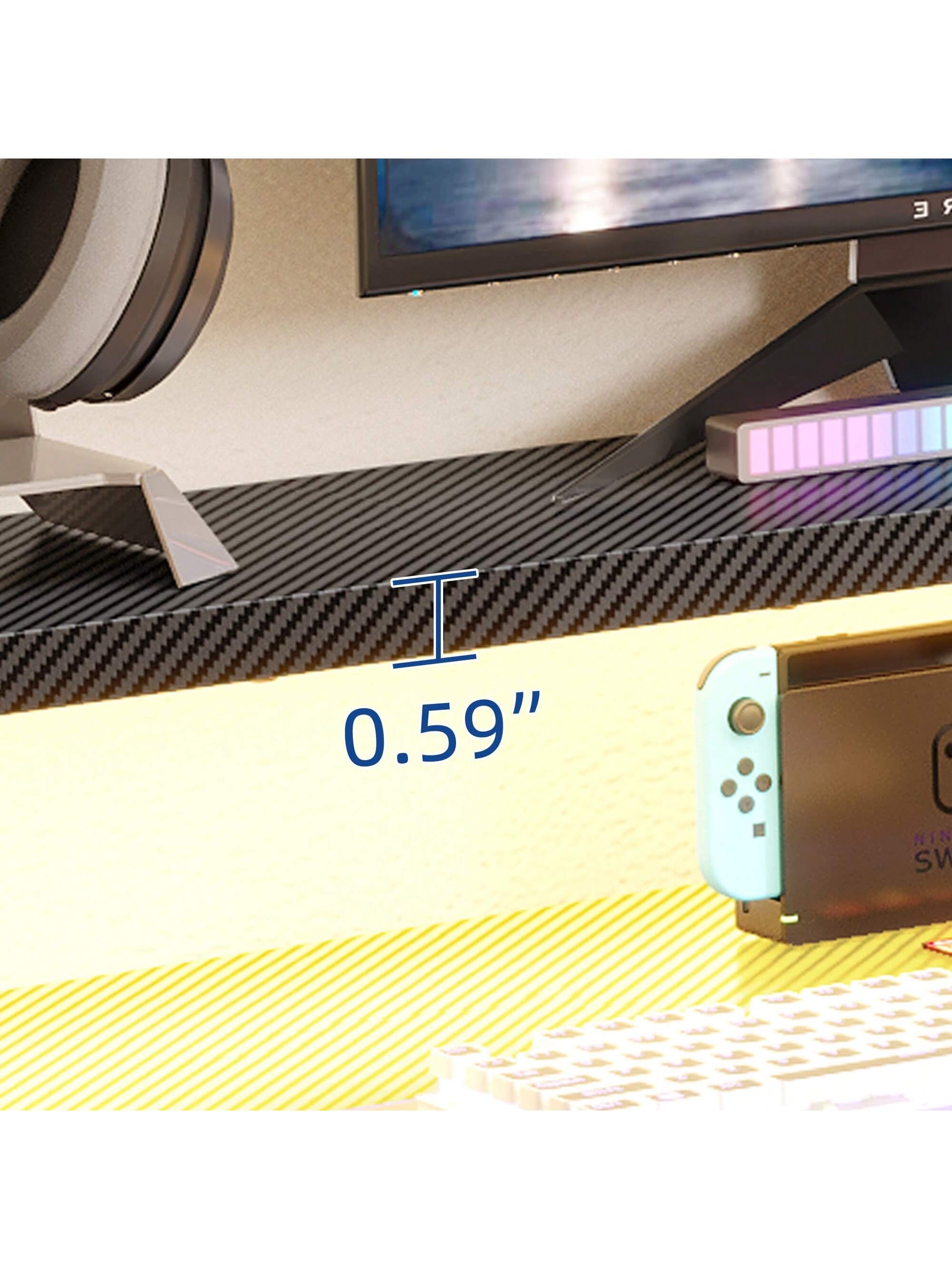 L-Shaped Gaming Desk with Large Monitor Riser Stand 55 Inch Corner Computer Desk with LED & Power Outlets, Carbon Corner Desk Table for Home and Work Place