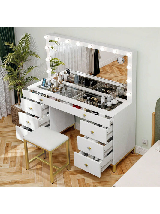 Makeup Vanity Desk Set Prower Outlet & LED Lighted Mirror, Brightness & Lighting Color Adjustable, Come with Stool 8 Drawers for Storage, Vanity Table for Girls Women