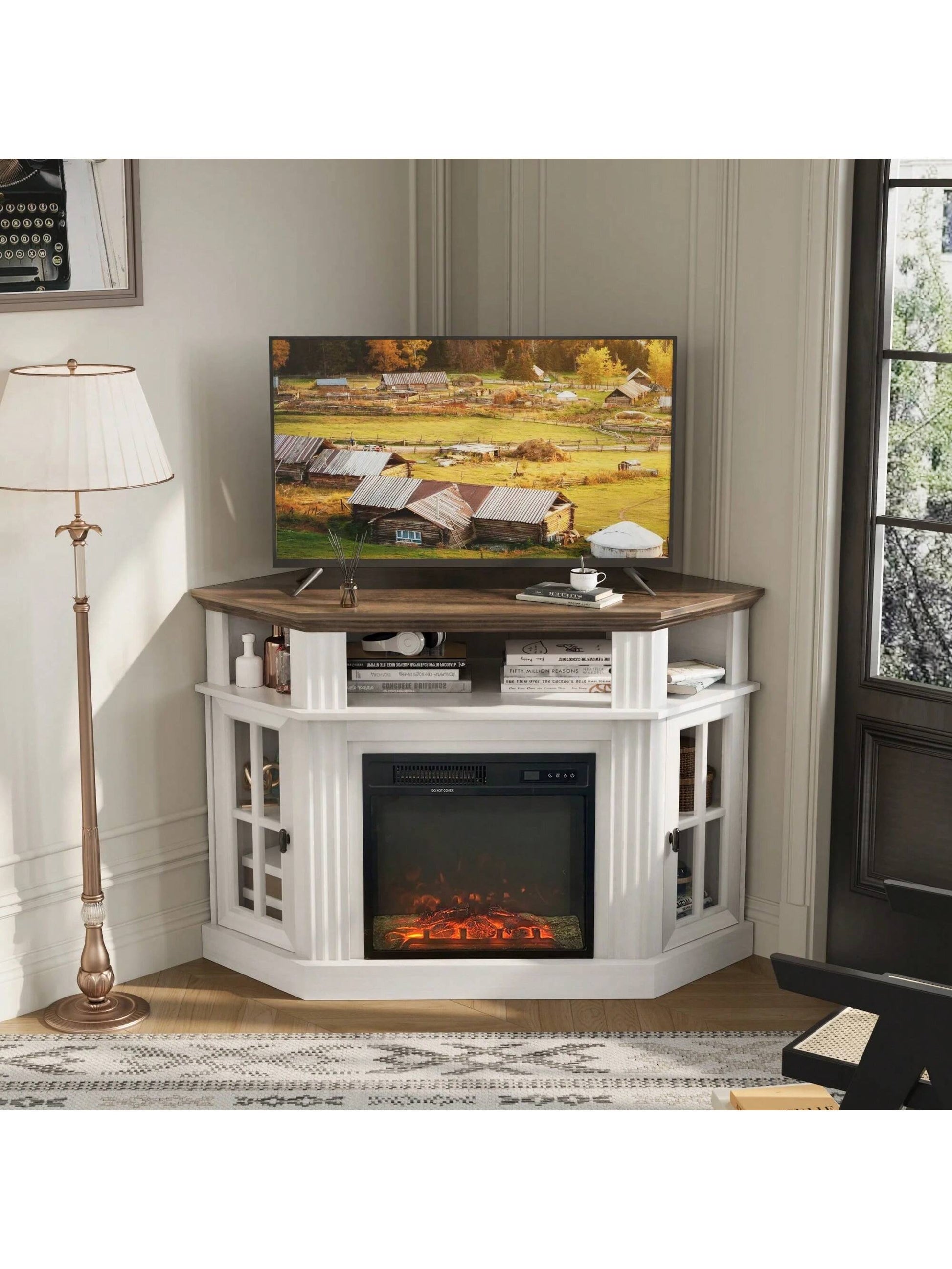 Corner Fireplace TV Stand Modern Farmhouse TV Stand with Electric Fireplace for Tvs up to 50"