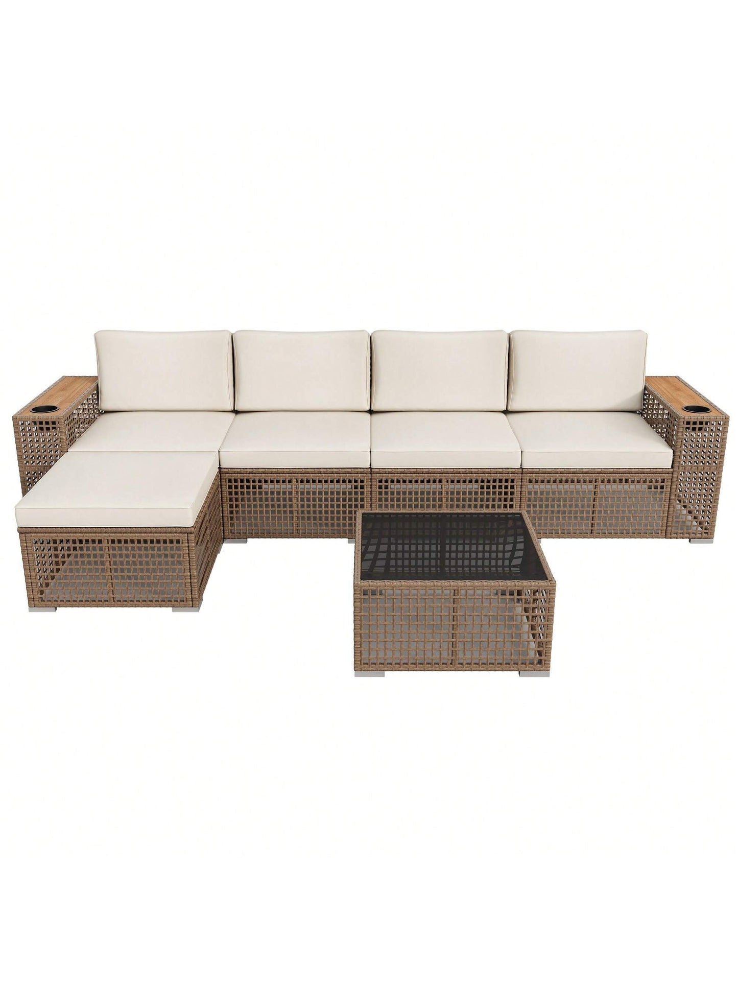 Patio Furniture Set 6-Piece Outdoor Sectional Sofa Hollow Rattan Patio Seating Sofa with Coffee Table & Ottoman for Deck, Porch, Poolside