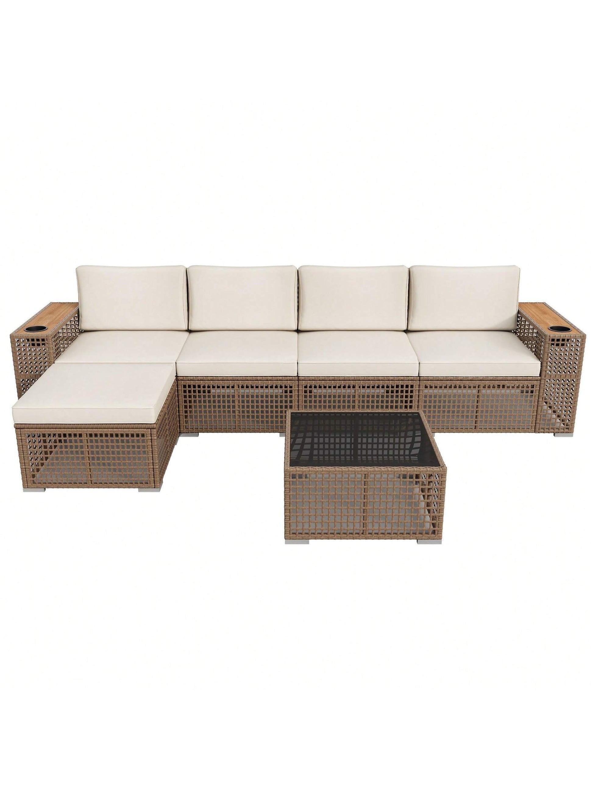 Patio Furniture Set 6-Piece Outdoor Sectional Sofa Hollow Rattan Patio Seating Sofa with Coffee Table & Ottoman for Deck, Porch, Poolside