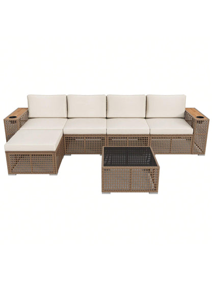 Patio Furniture Set 6-Piece Outdoor Sectional Sofa Hollow Rattan Patio Seating Sofa with Coffee Table & Ottoman for Deck, Porch, Poolside