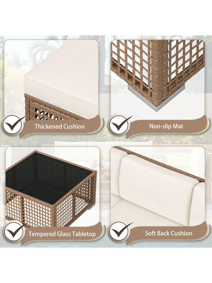 Patio Furniture Set 6-Piece Outdoor Sectional Sofa Hollow Rattan Patio Seating Sofa with Coffee Table & Ottoman for Deck, Porch, Poolside