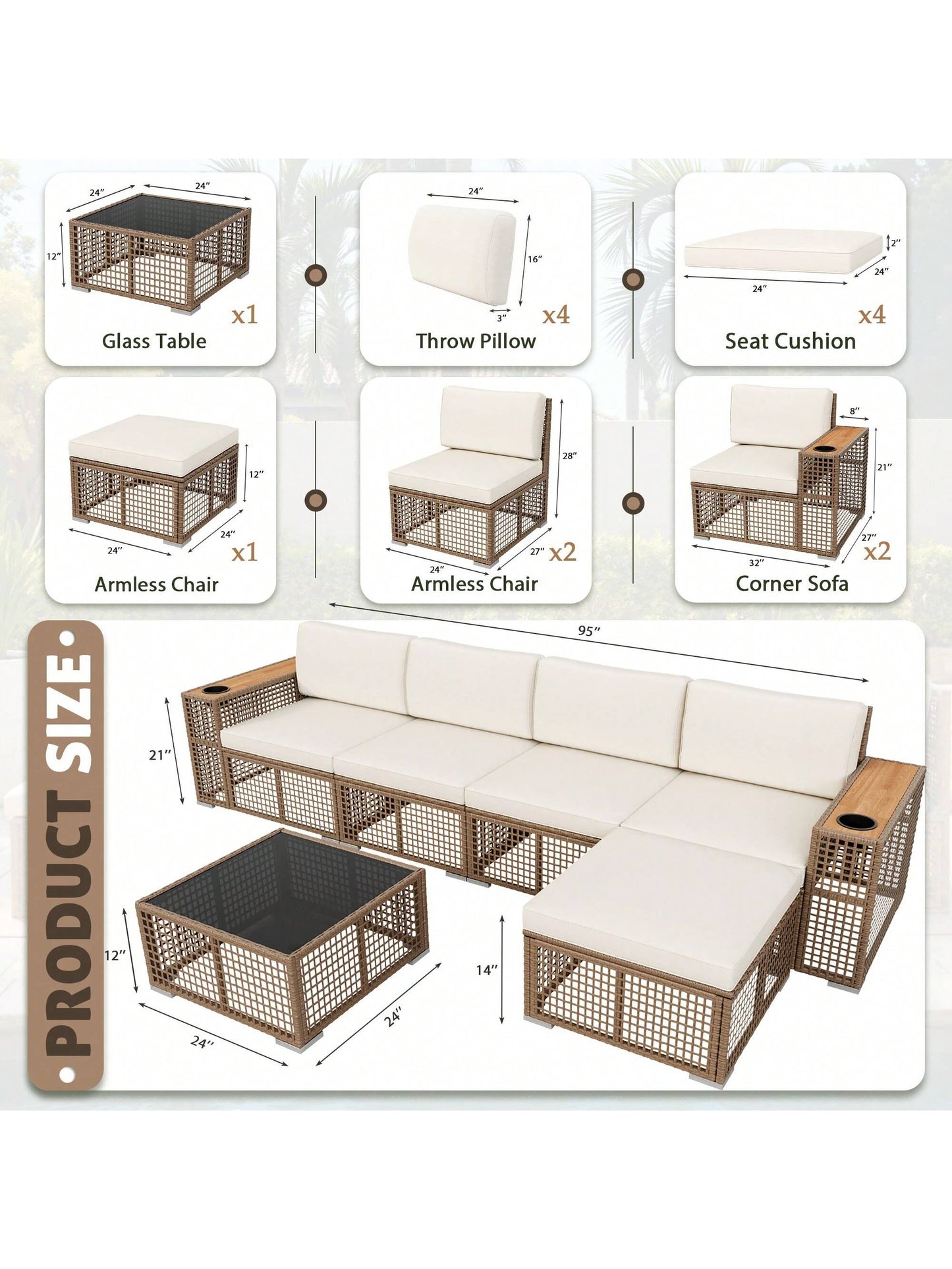 Patio Furniture Set 6-Piece Outdoor Sectional Sofa Hollow Rattan Patio Seating Sofa with Coffee Table & Ottoman for Deck, Porch, Poolside