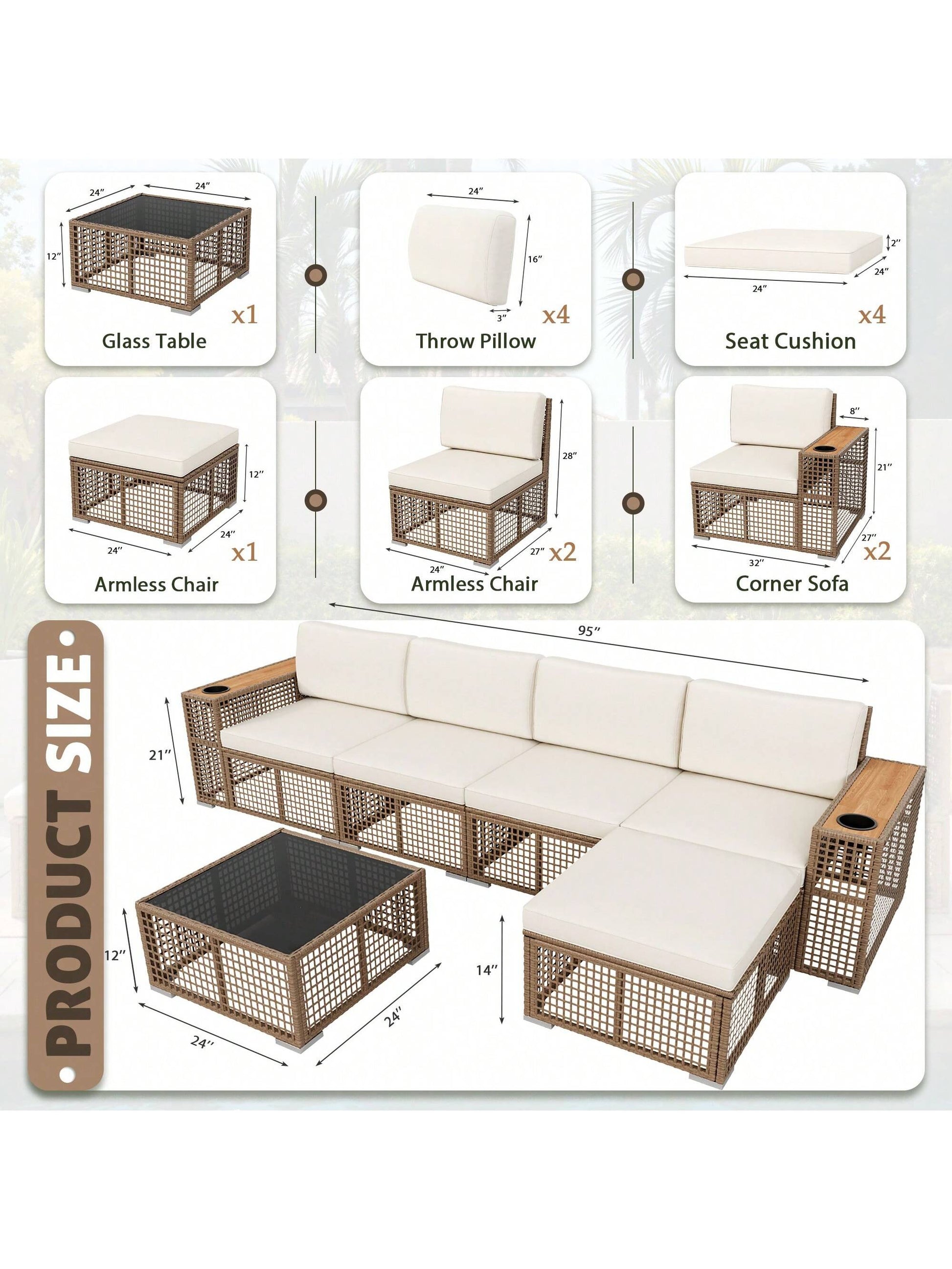 Patio Furniture Set 6-Piece Outdoor Sectional Sofa Hollow Rattan Patio Seating Sofa with Coffee Table & Ottoman for Deck, Porch, Poolside