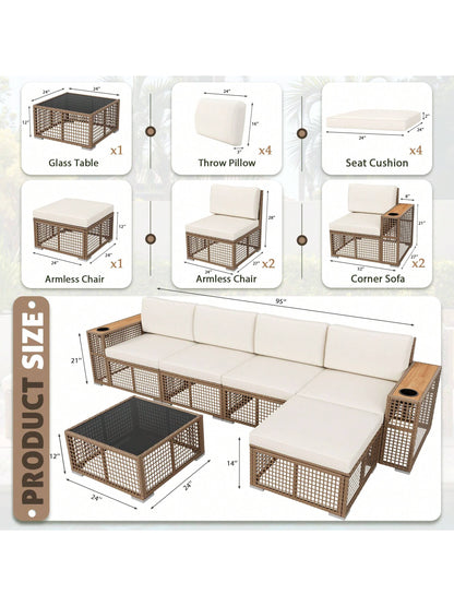 Patio Furniture Set 6-Piece Outdoor Sectional Sofa Hollow Rattan Patio Seating Sofa with Coffee Table & Ottoman for Deck, Porch, Poolside