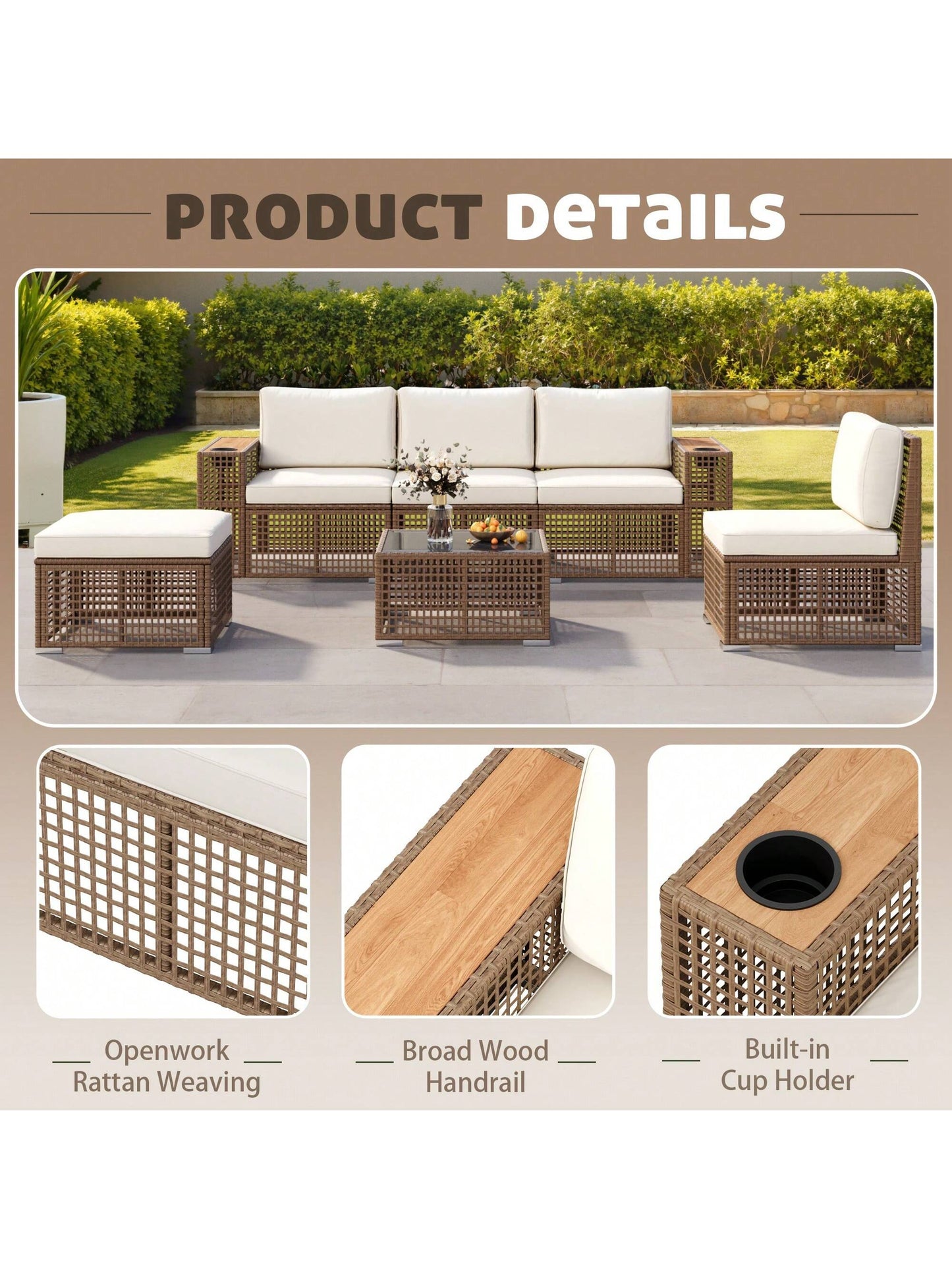 Patio Furniture Set 6-Piece Outdoor Sectional Sofa Hollow Rattan Patio Seating Sofa with Coffee Table & Ottoman for Deck, Porch, Poolside
