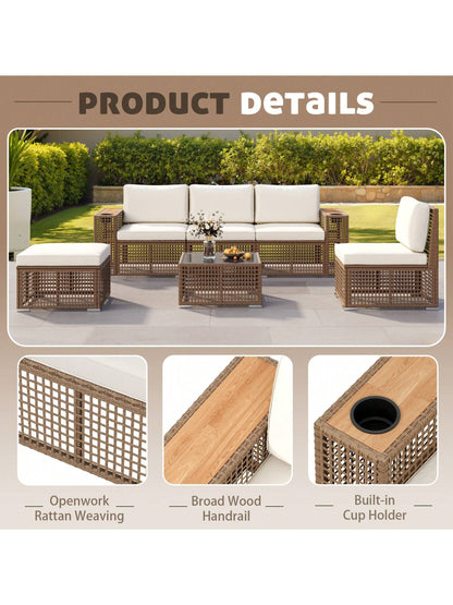 Patio Furniture Set 6-Piece Outdoor Sectional Sofa Hollow Rattan Patio Seating Sofa with Coffee Table & Ottoman for Deck, Porch, Poolside