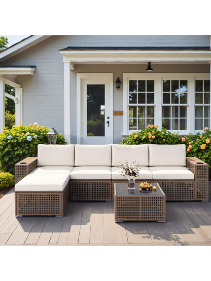 Patio Furniture Set 6-Piece Outdoor Sectional Sofa Hollow Rattan Patio Seating Sofa with Coffee Table & Ottoman for Deck, Porch, Poolside
